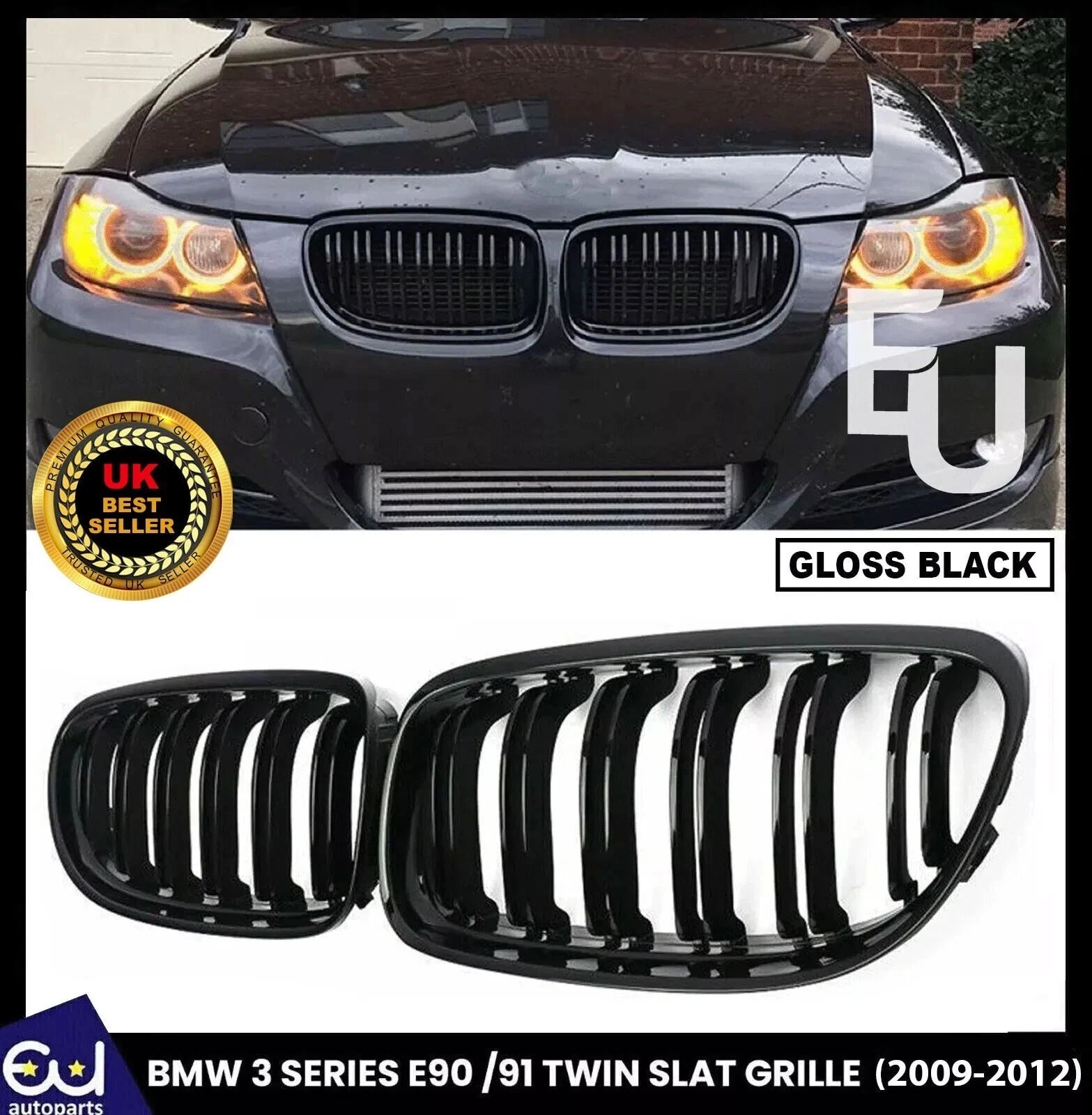 FRONT DUAL KIDNEY GRILLE FOR BMW 3 SERIES E90 E91 09-12 LCI M STYLE GLOSS BLACK
