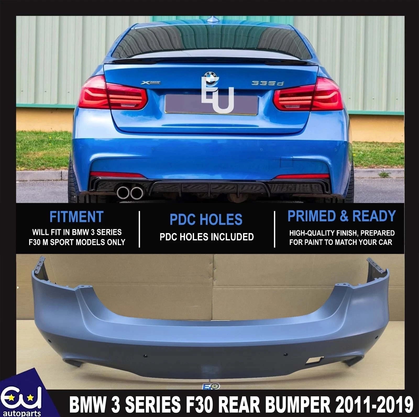 FOR BMW 3 SERIES F30 REAR BUMPER PRIMED M SPORT WITH PARKING SENSOR HOLES 11-19
