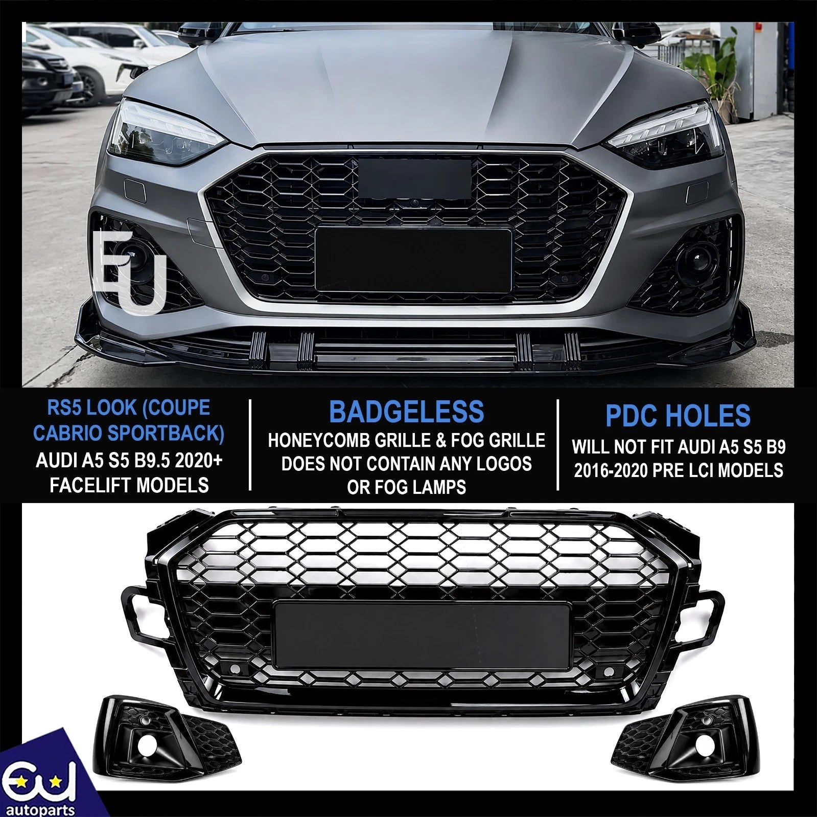 RS5 LOOK HONEYCOMB GRILLE FOG GRILL FOR AUDI A5 S5 B9.5 COUPE CABRIO HATCH 2020+