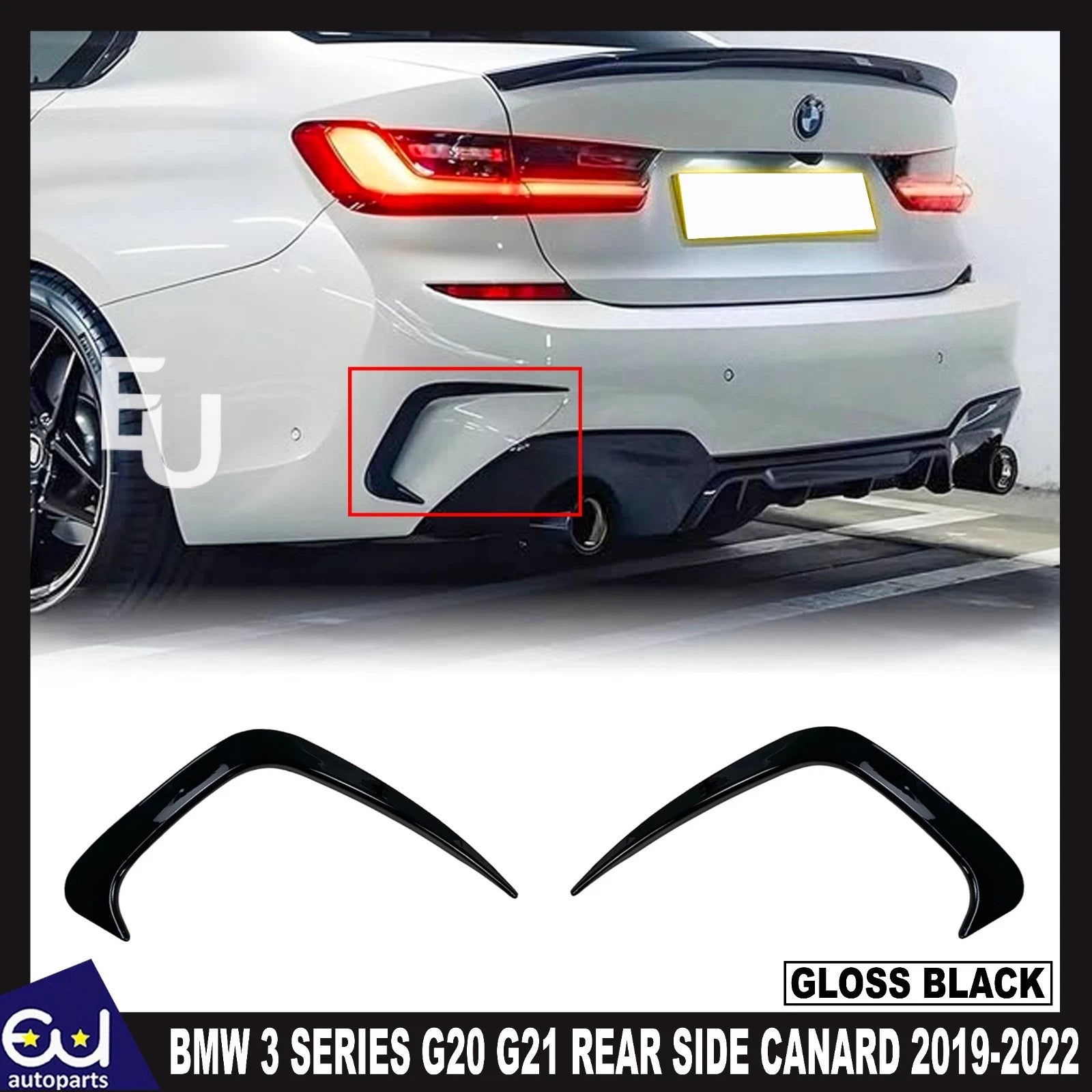 FOR BMW 3 SERIES G20 G21 REAR SIDE CANARD BUMPER DIFFUSER SPLITTER GLOSS BLACK