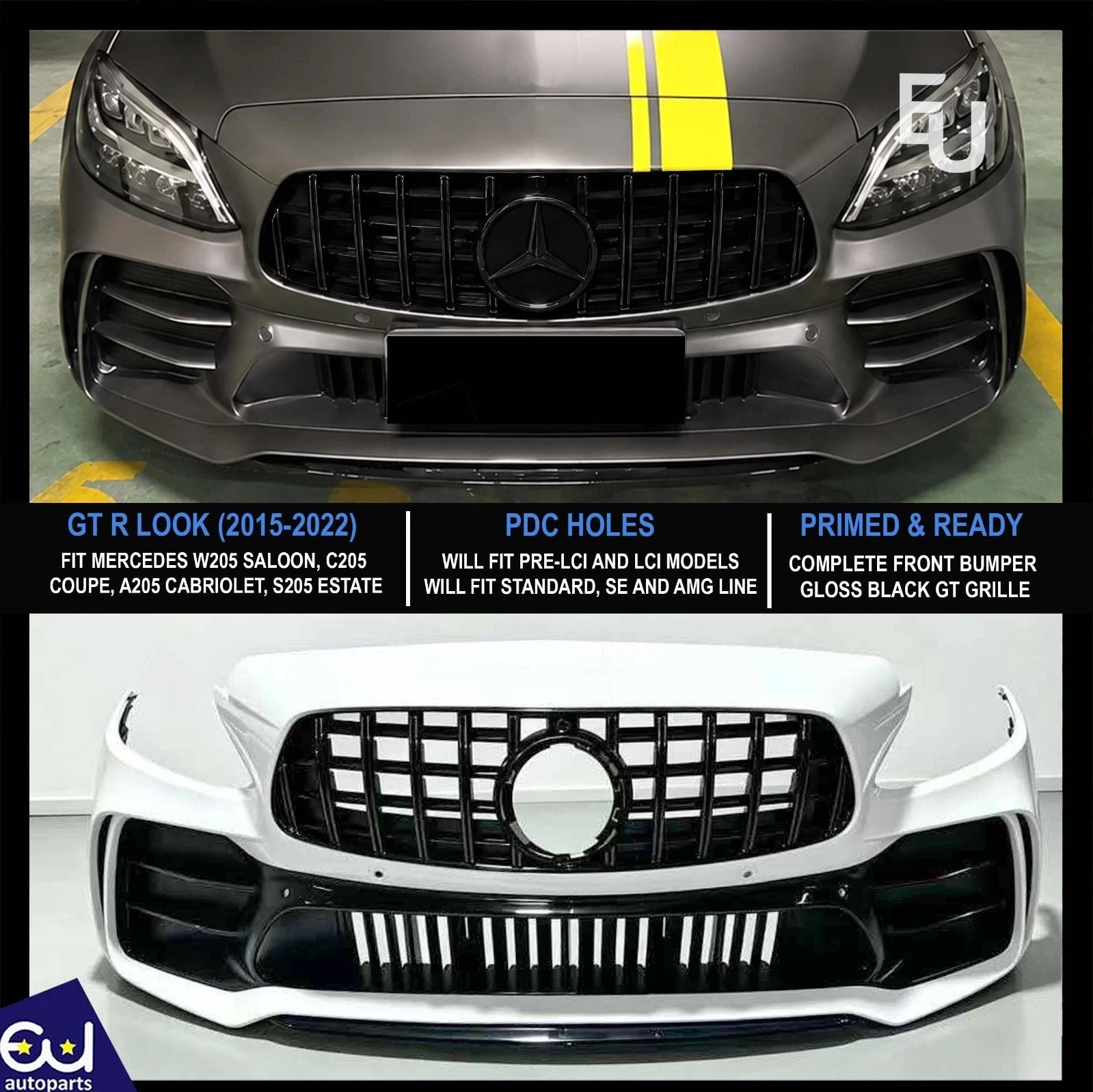 FOR MERCEDES C-CLASS W205 C205 A205 S205 15-22 GT-R LOOK CONVERSION FRONT BUMPER