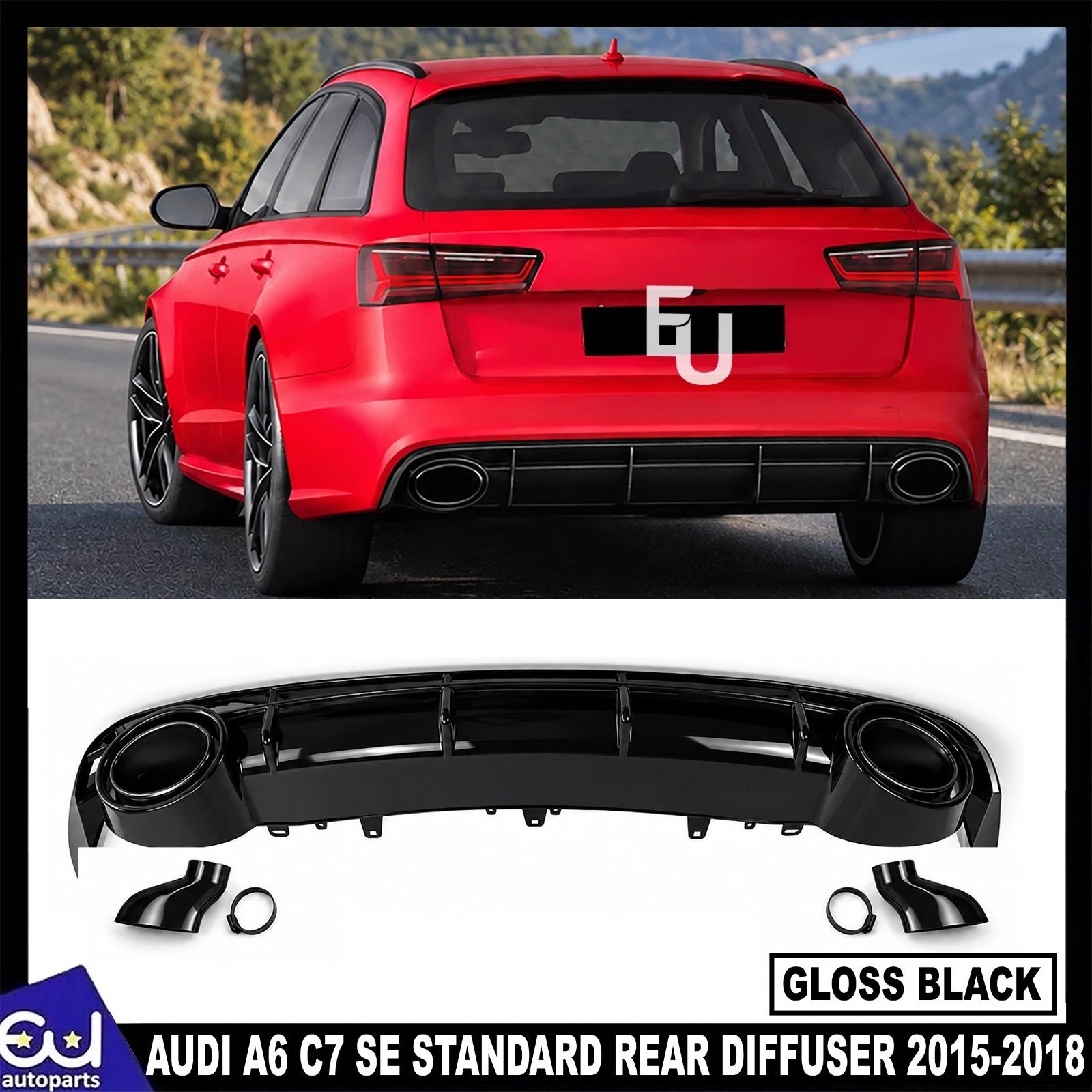 FOR AUDI A6 C7 SE STANDARD RS6 LOOK LCI GLOSS BLACK REAR DIFFUSER TAILPIPE 15-18