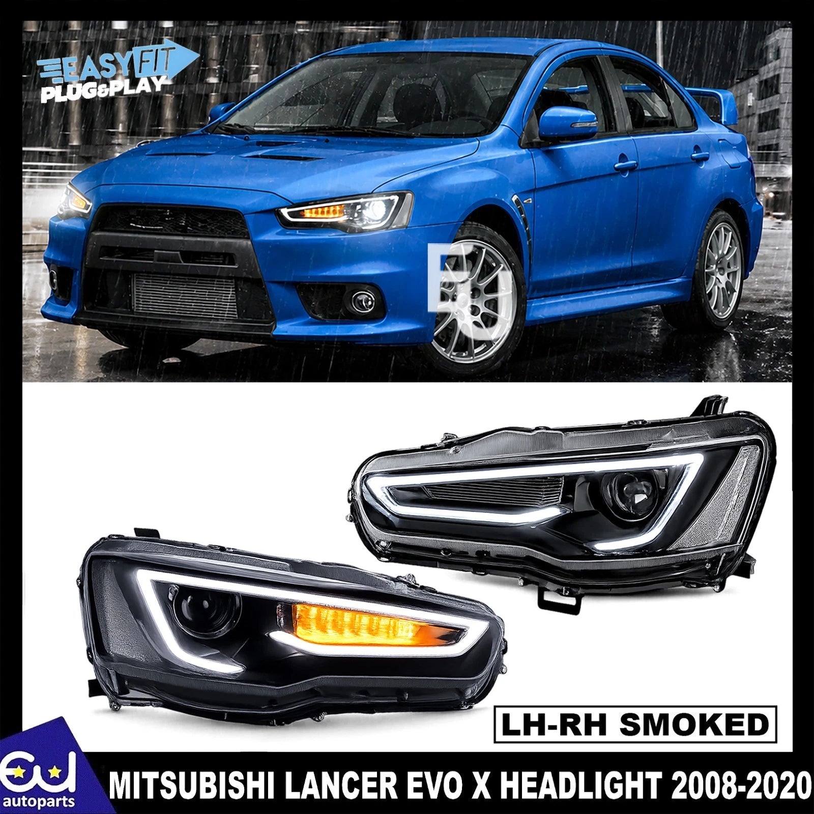LED HEAD LIGHT LAMP FOR MITSUBISHI LANCER EVO X FULL BLACK LEFT+RIGHT 2008-2020