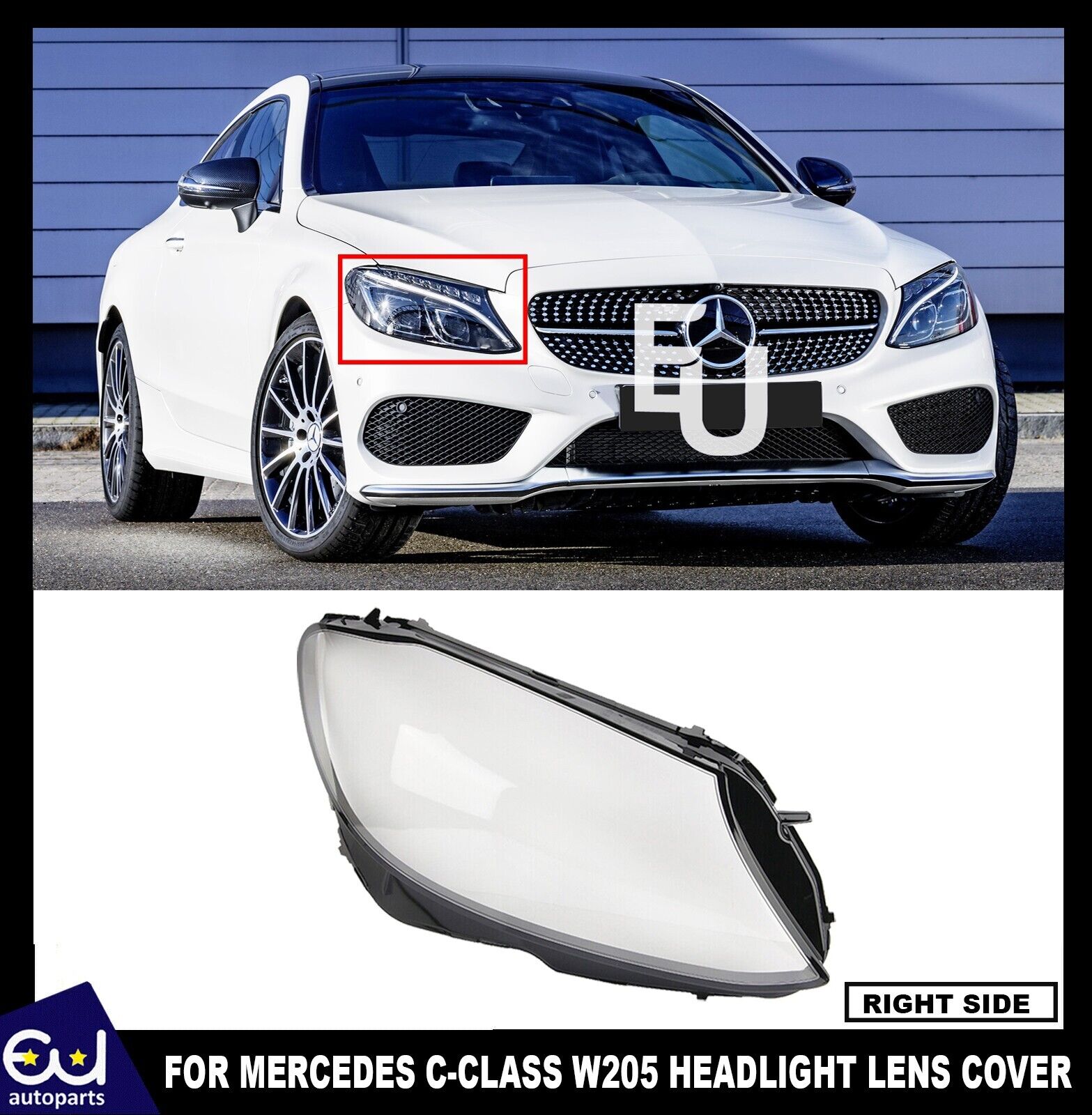 RIGHT DRIVER SIDE HEADLIGHT LENS COVER LAMP FOR MERCEDES W205 C180 C200 15-18