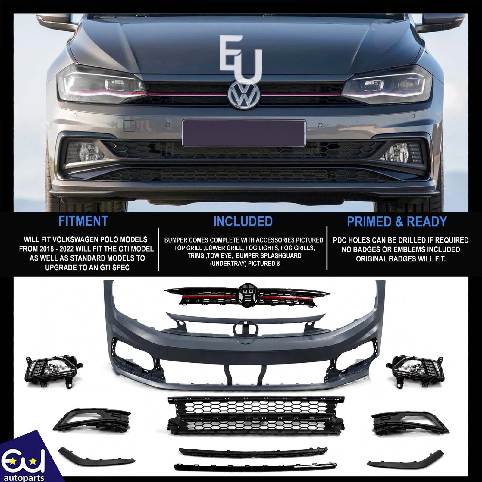 FOR VW VOLKSWAGEN POLO GTI MK8 2018-2022 FRONT BUMPER COMPLETE GRILL & TRIMS