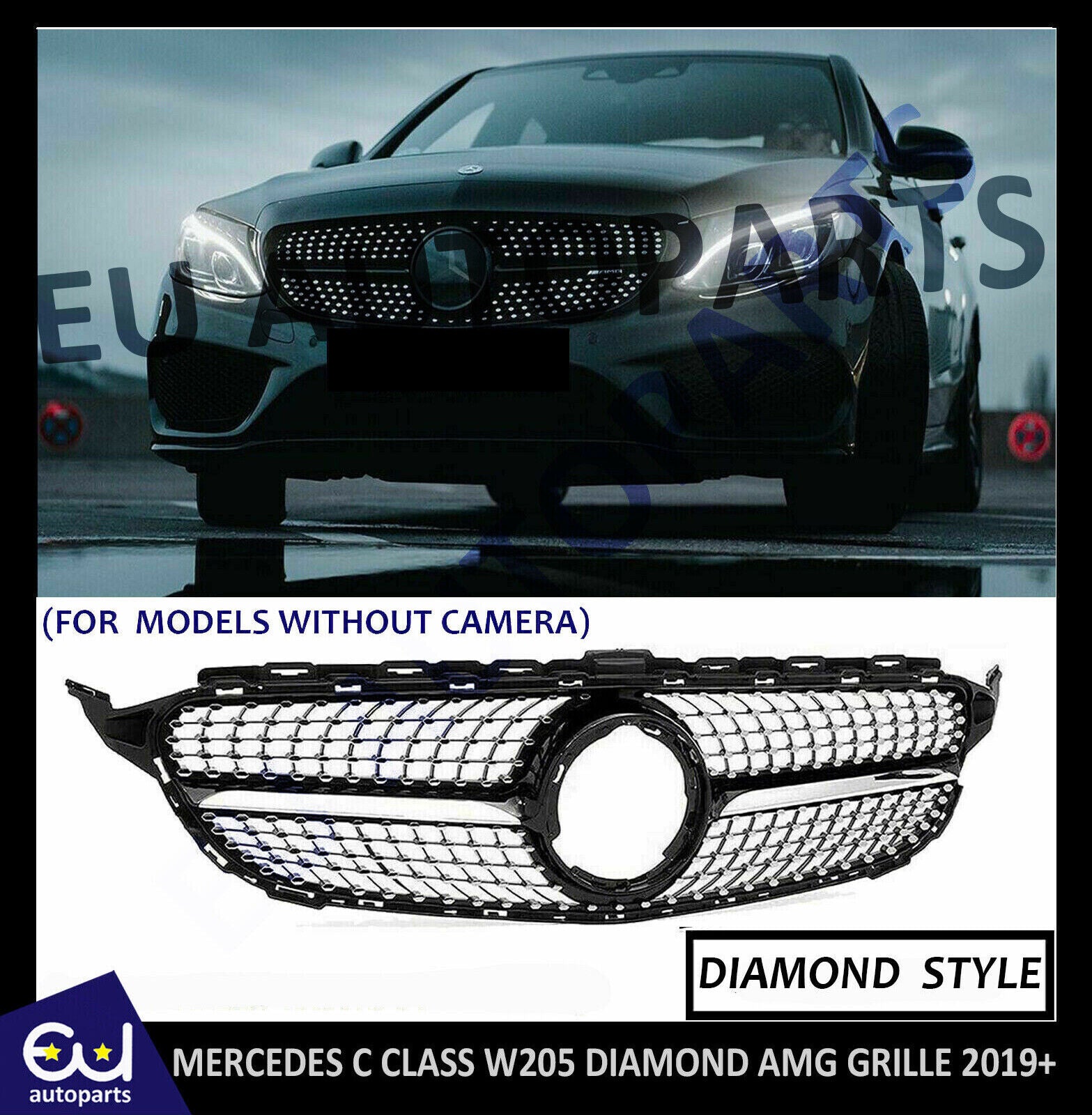 FOR MERCEDES C CLASS W205 DIAMOND STYLE FRONT GRILL GRILLE AMG 19+ W/O CAMERA