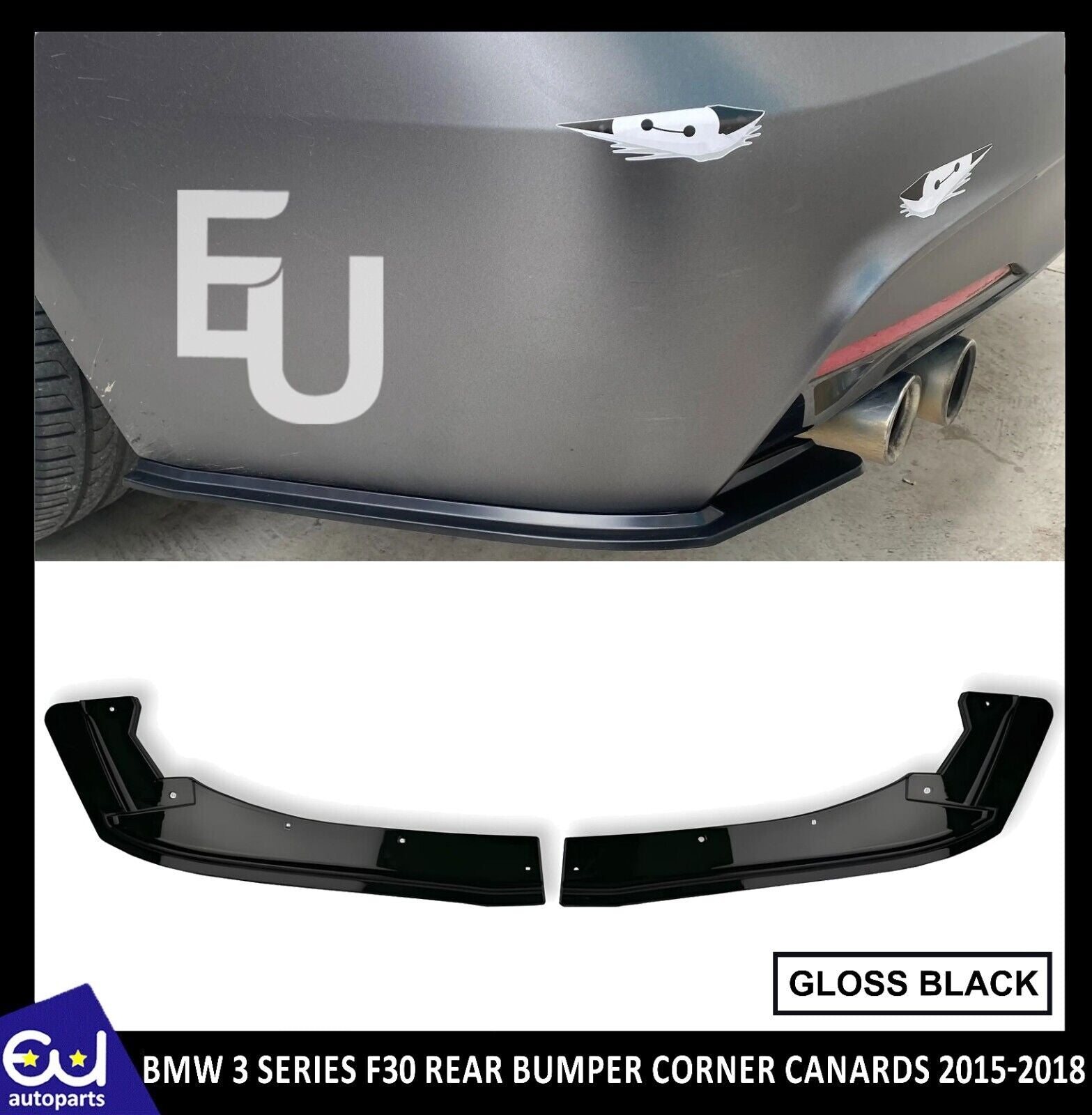 REAR BUMPER CORNER CANARDS GLOSS BLACK FOR BMW 3 SERIES F30 2015-2018