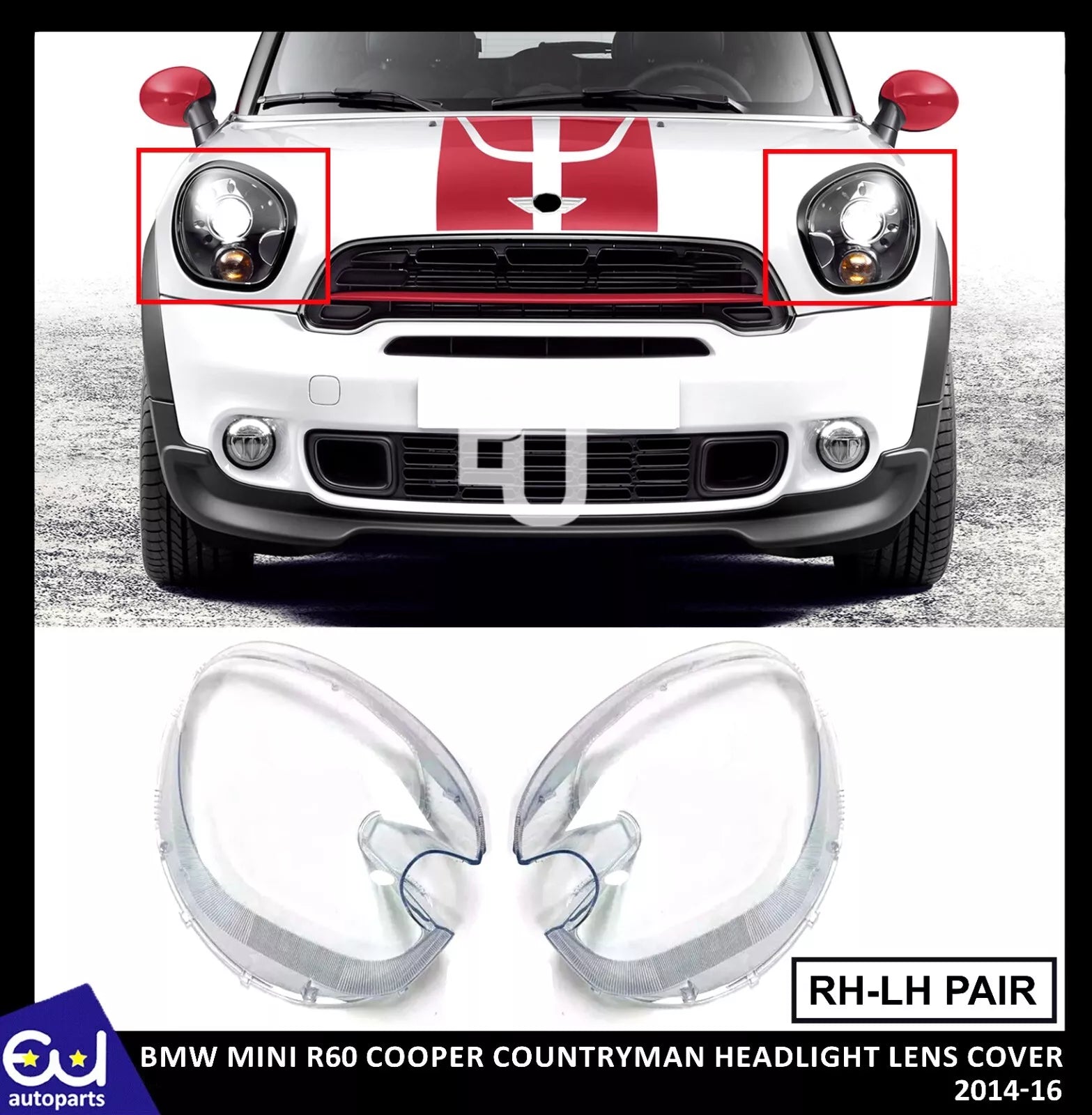 FOR BMW MINI R60 COOPER COUNTRYMAN 2014-16 PAIR L+R HEADLIGHT LENS CLEAR COVER