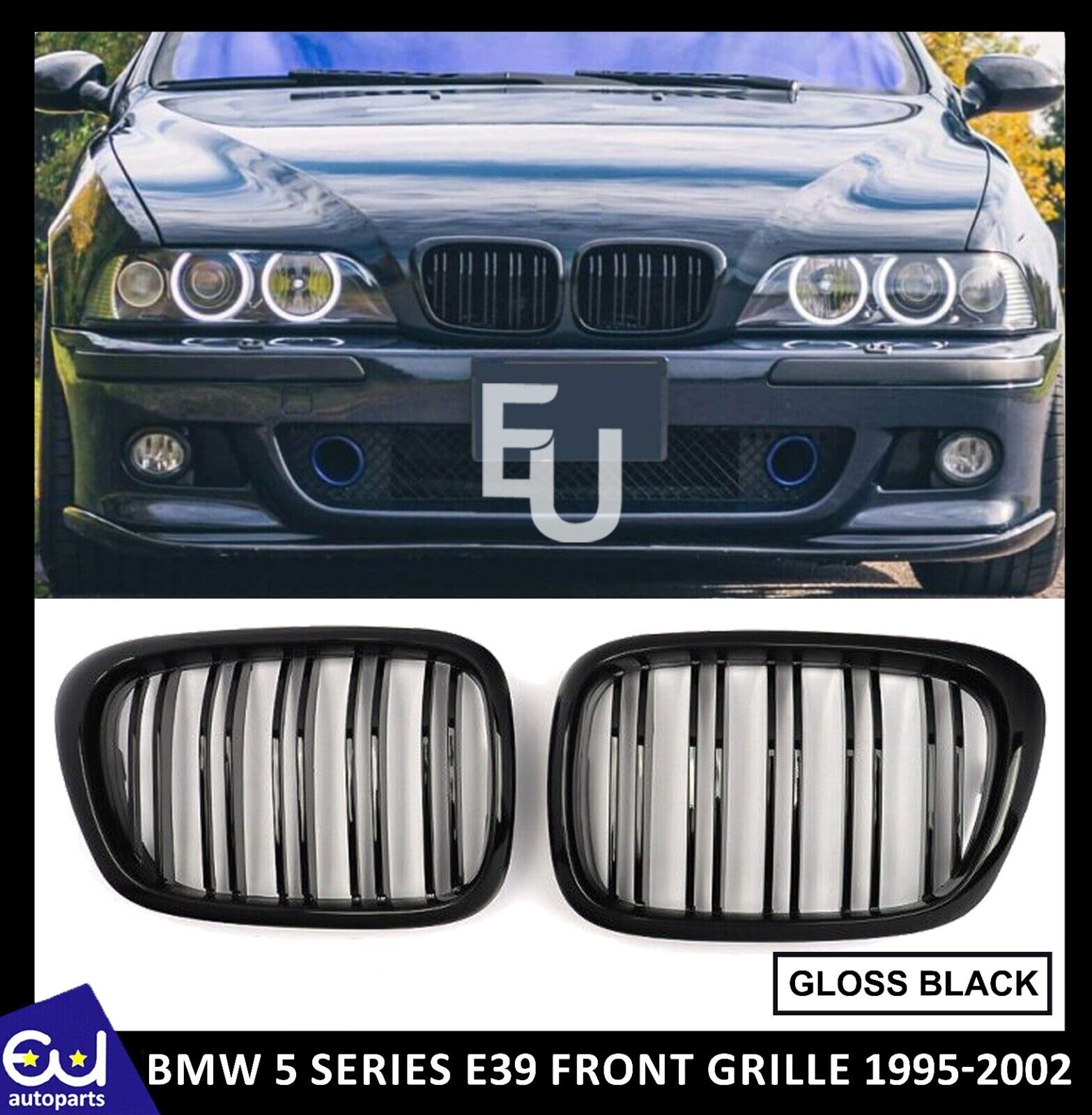 GLOSS BLACK TWIN SLATS FRONT KIDNEY GRILLE GRILL FOR BMW 5 SERIES E39 1995-2002
