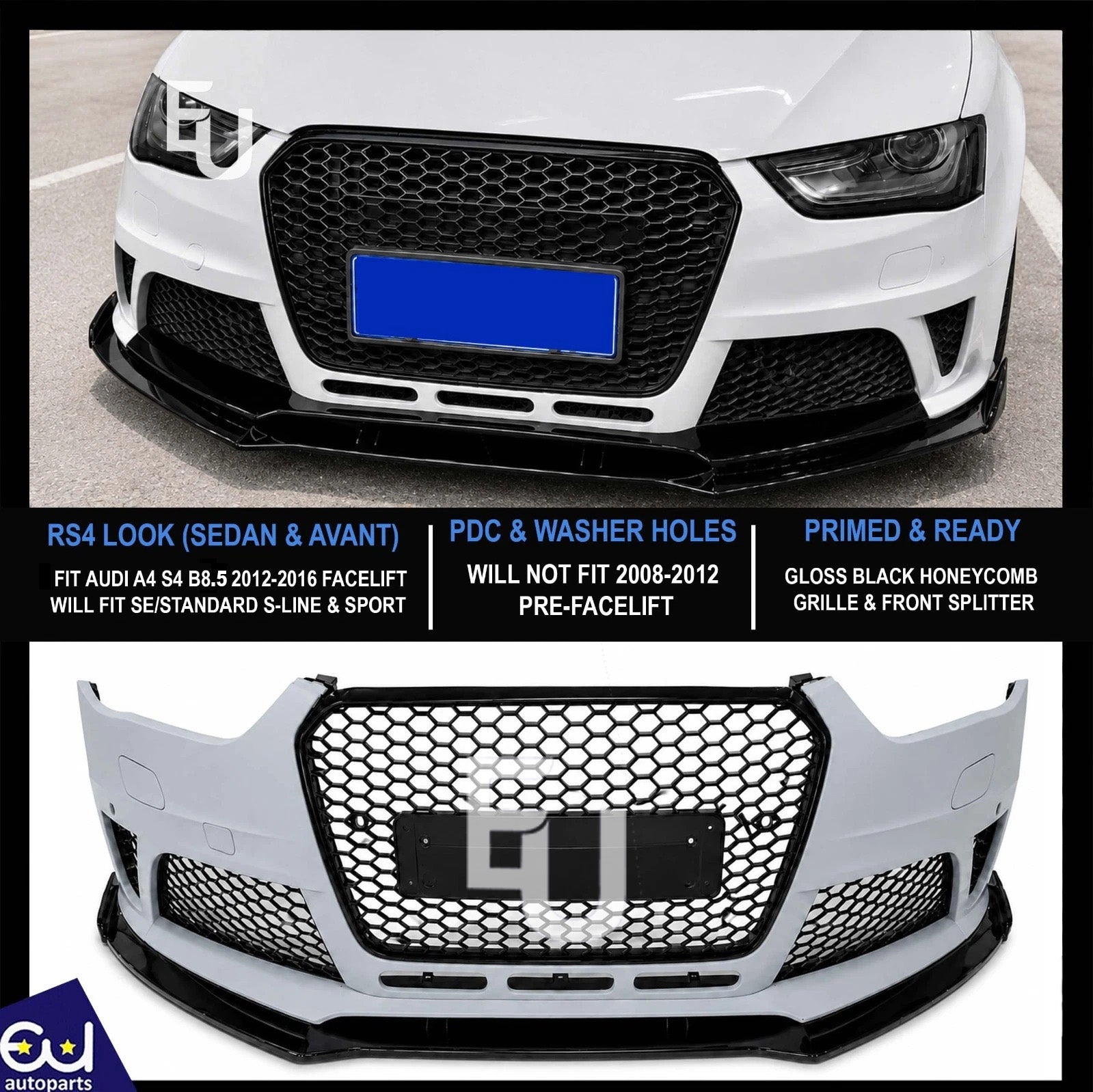 RS4 CONVERSION FRONT BUMPER BODYKIT WITH SPLITTER FOR AUDI A4 S4 B8.5 2012-16 LCI