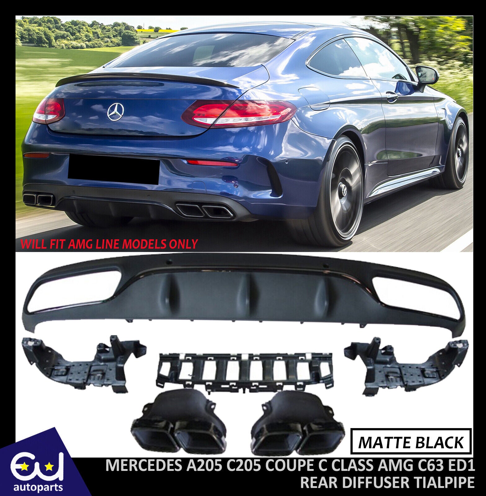 FOR MERCEDES A205 C205 COUPE C CLASS AMG C63 ED1 STYLE REAR DIFFUSER TAILPIPES