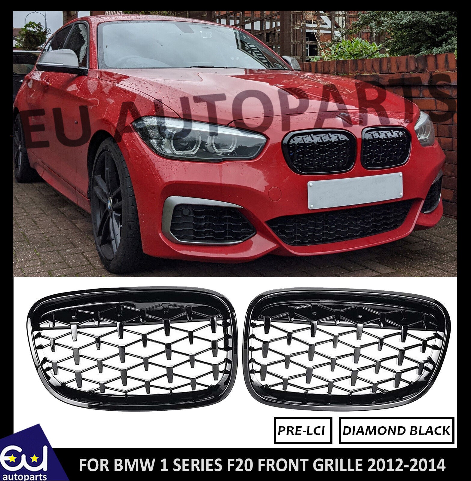 FOR BMW 1 SERIES F20 F21 GLOSS BLACK FRONT KIDNEY DIAMOND GRILL GRILLE 11-14