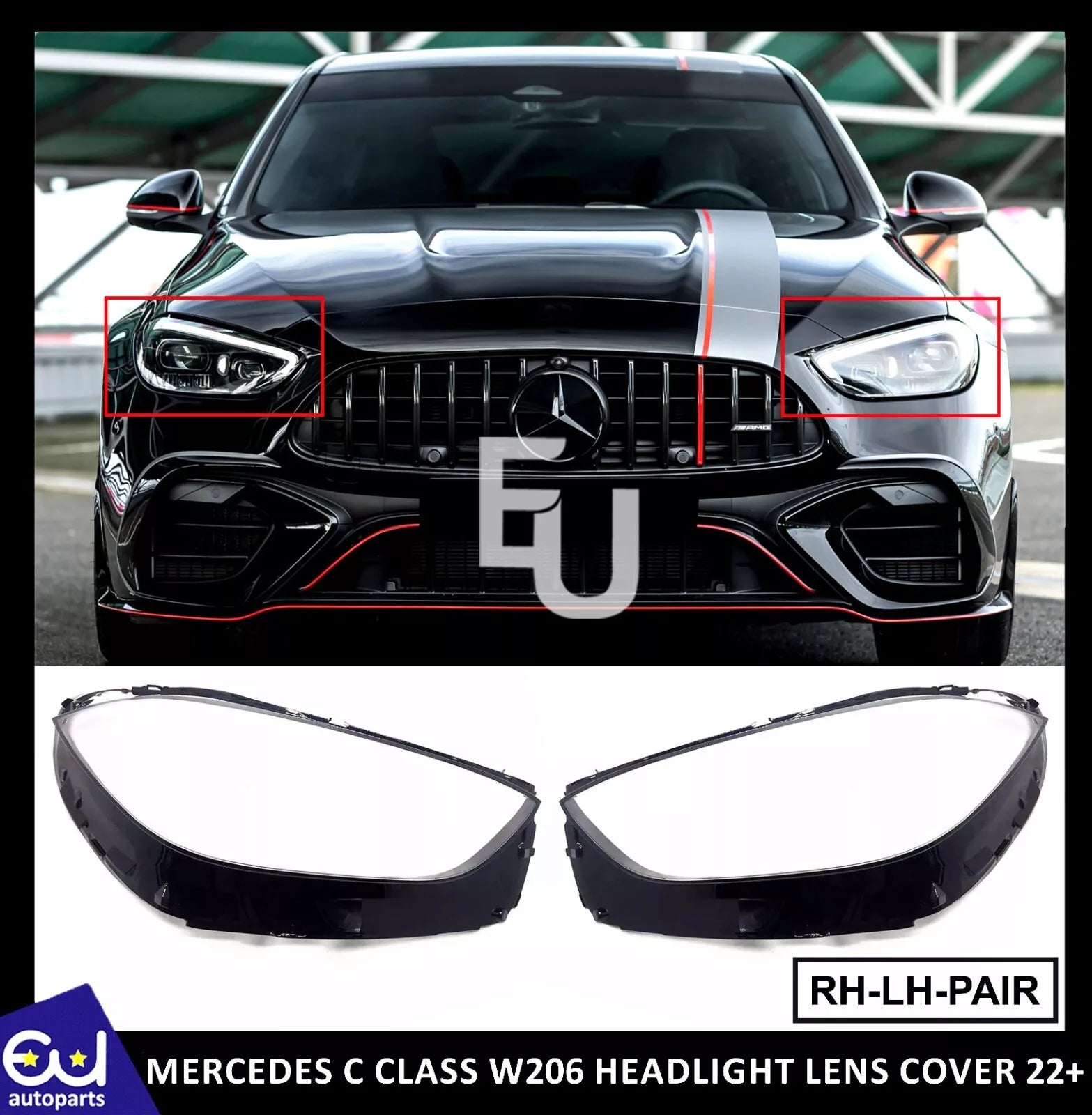 FOR MERCEDES C CLASS W206 PAIR LEFT RIGHT SIDE HEADLIGHT LENS COVER HEADLAMP 21+