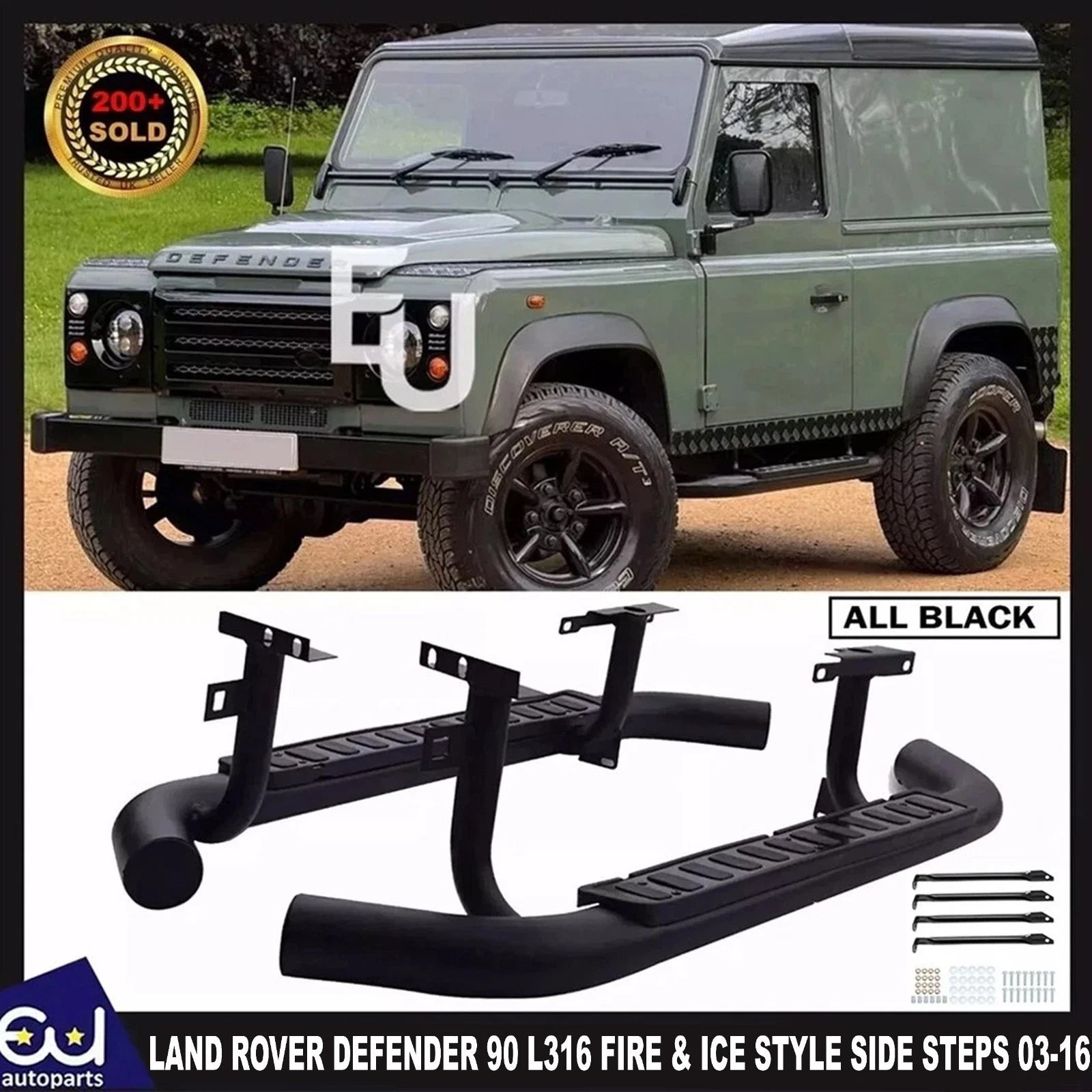 SIDE STEPS RUNNING BOARD FOR LAND ROVER DEFENDER 90 L316 FIRE & ICE STYLE BLACK