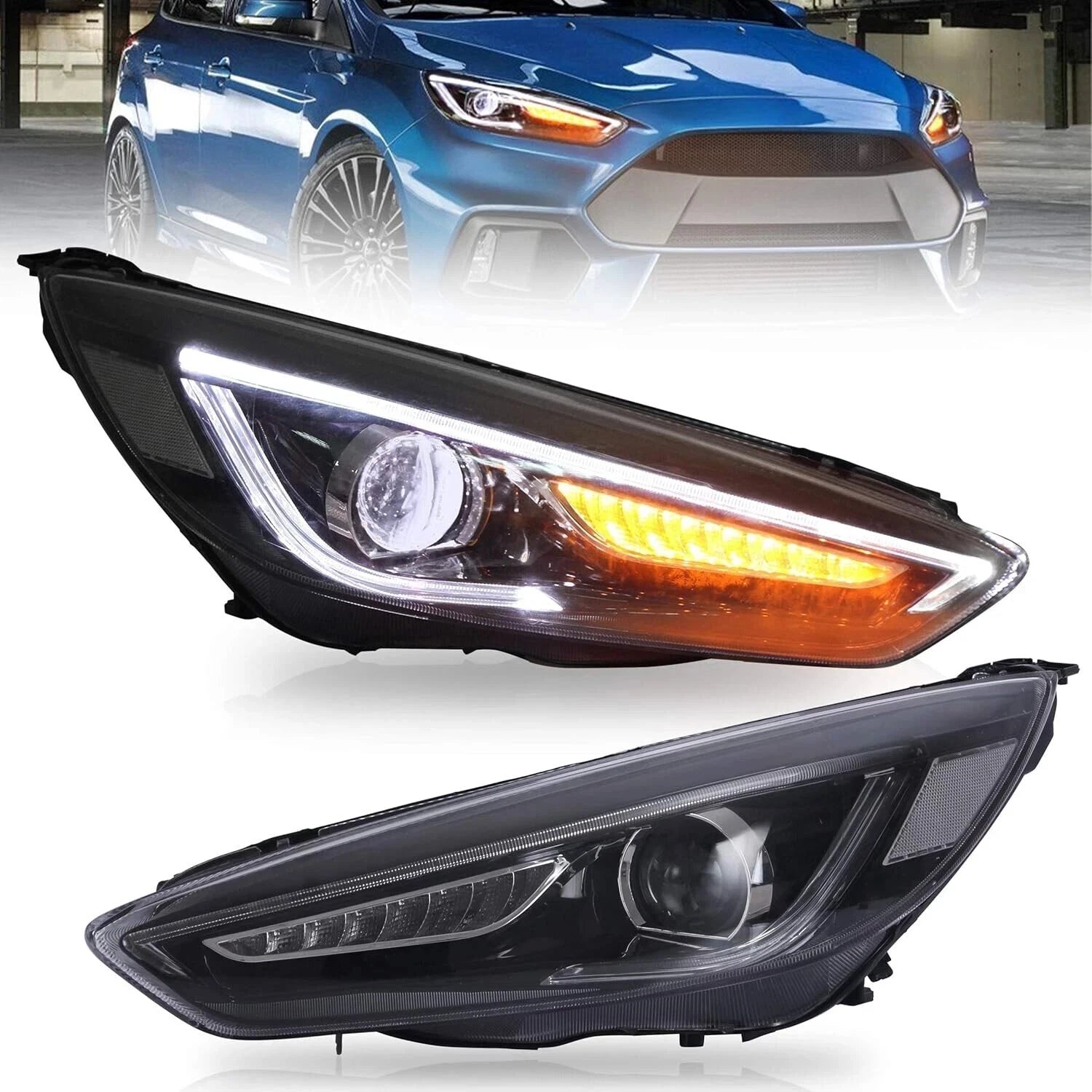 LED HEAD LIGHTS LAMPS SET FOR FORD FOCUS 2015-2018 WITH SEQUENTIAL INDICATORS
