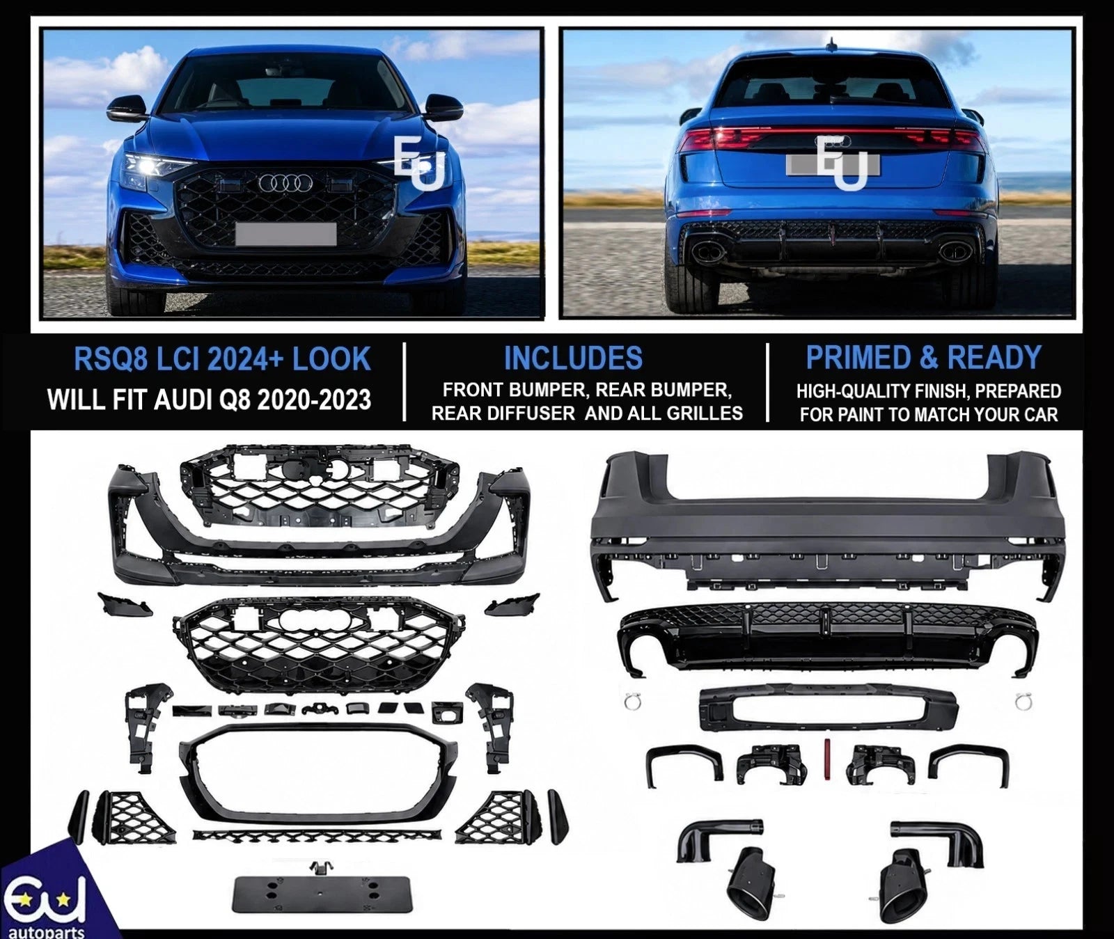 LCI 2024+ RSQ8 CONVERSION FRONT REAR BUMPER DIFFUSER BODYKIT FOR AUDI Q8 2019-23