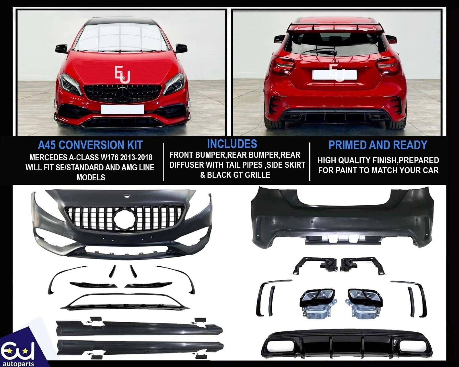 FOR MERCEDES A-CLASS W176 2013-2018 A45 CONVERSION FRONT & REAR BUMPER BODYKIT