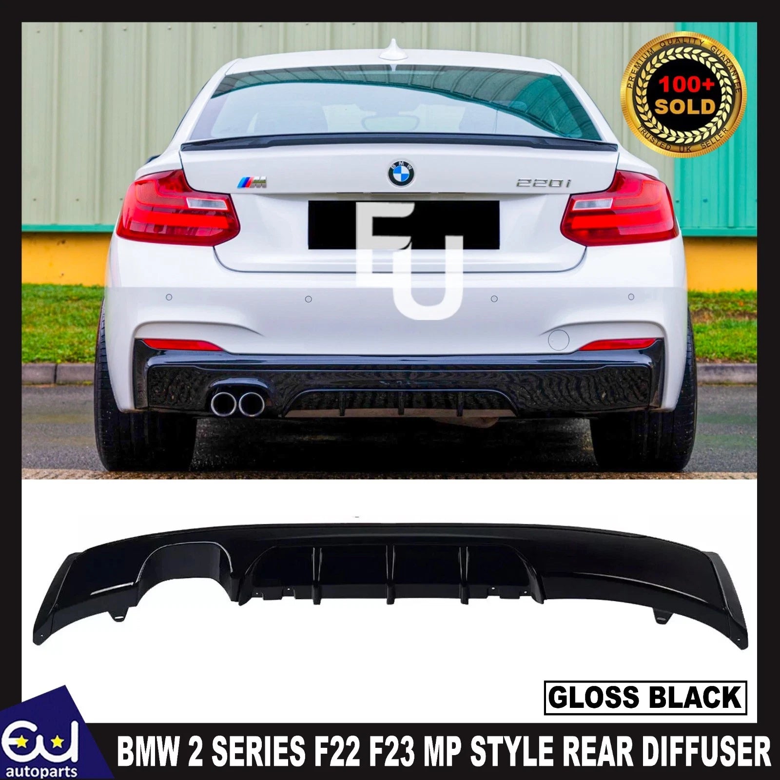 FOR BMW 2 SERIES F22 F23 MP STYLE REAR BUMPER DIFFUSER DUAL EXHAUST GLOSS BLACK