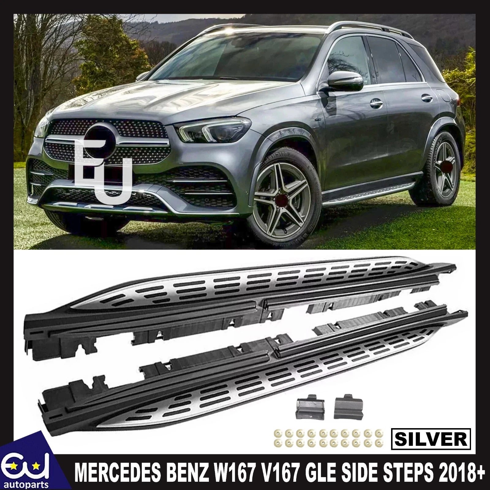 FOR MERCEDES BENZ W167 V167 GLE SILVER SIDE STEPS RUNNING BOARDS 5 DOOR 2018 ON