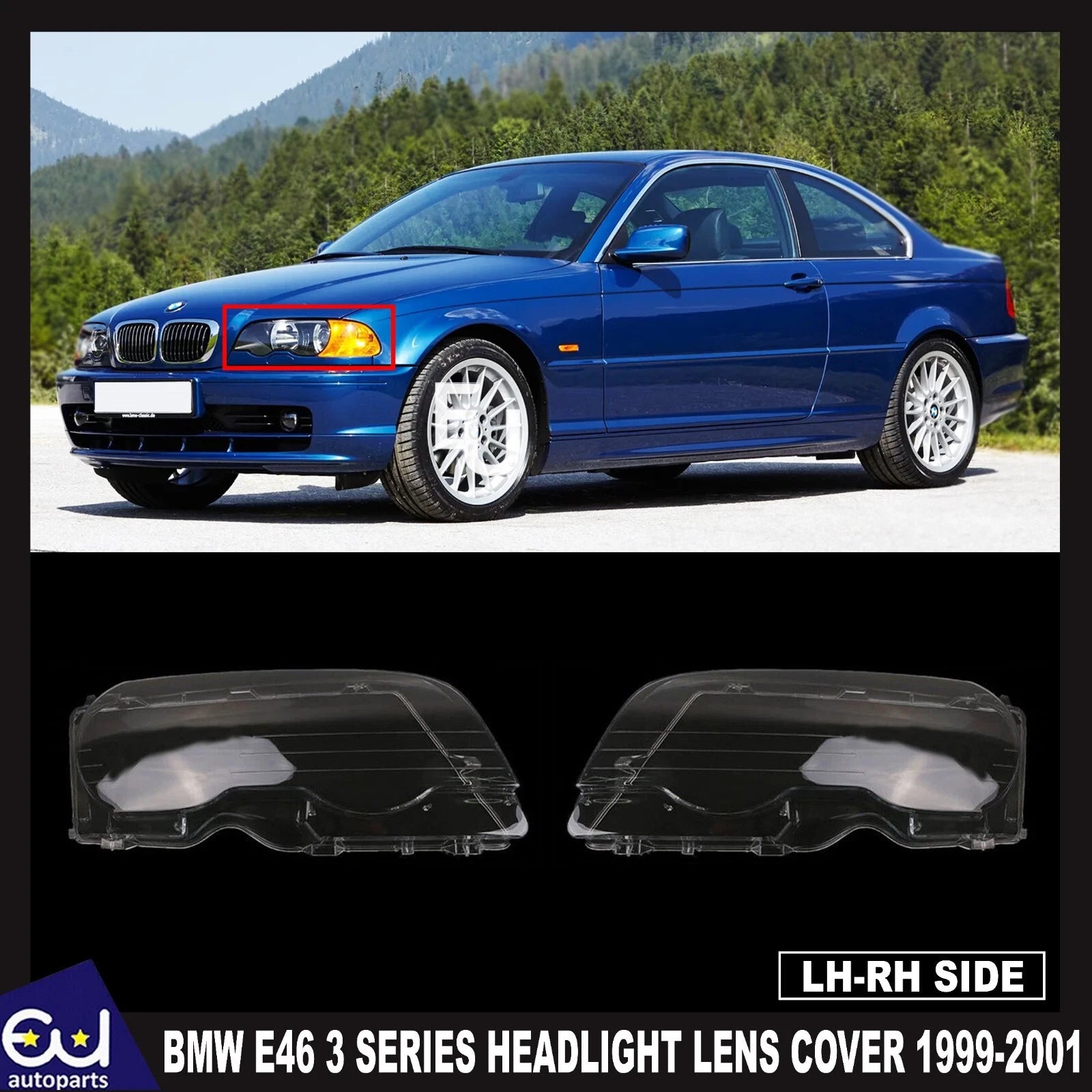 FOR BMW E46 3 SERIES LEFT RIGHT PAIR HEADLGHT HEADLAMP LENS CLEAR COVER 1999-01