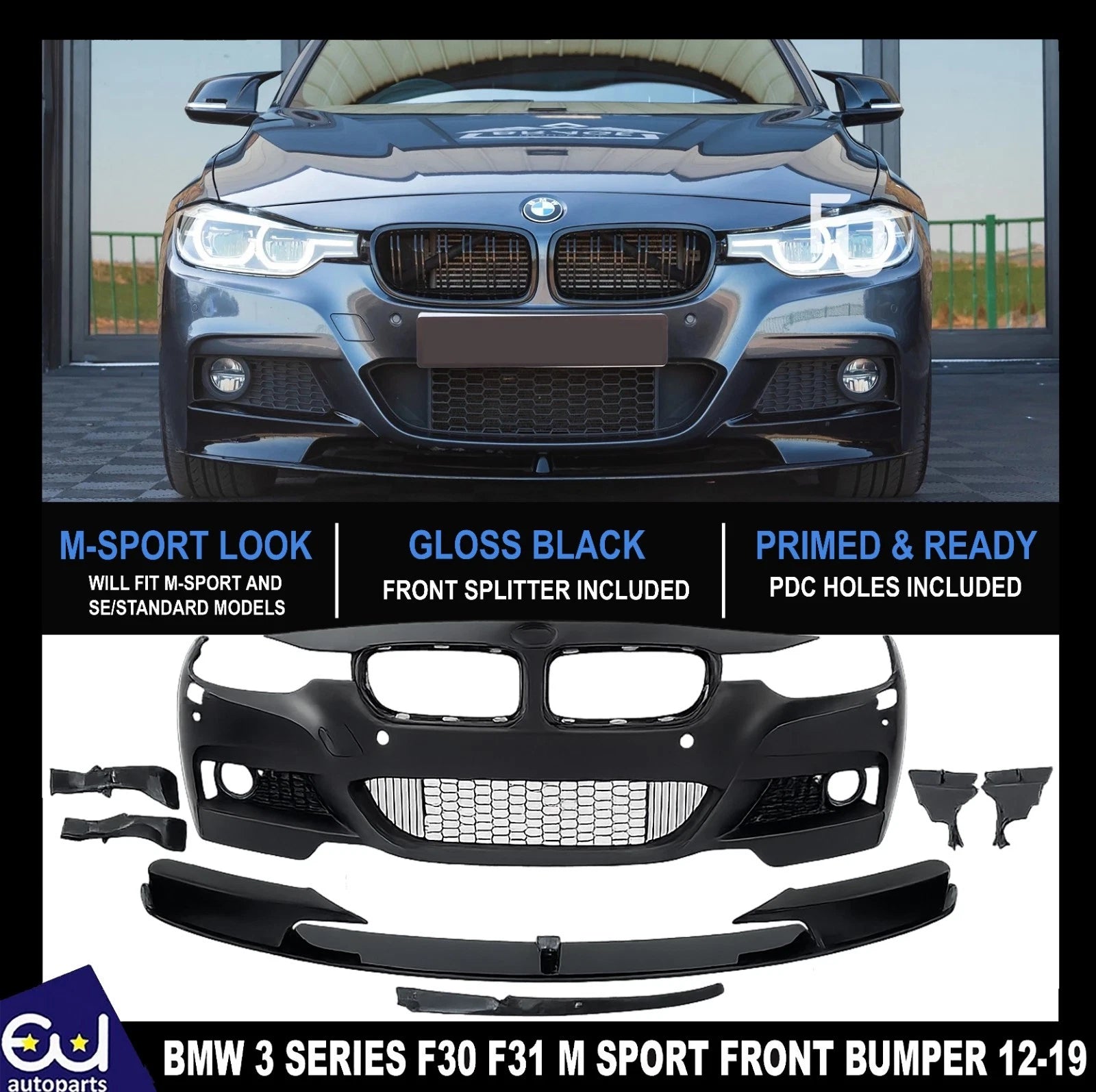 FOR BMW 3 SERIES FRONT BUMPER + GRILLES F30 F31 12-19 M SPORT W/PDC WASHER HOLE