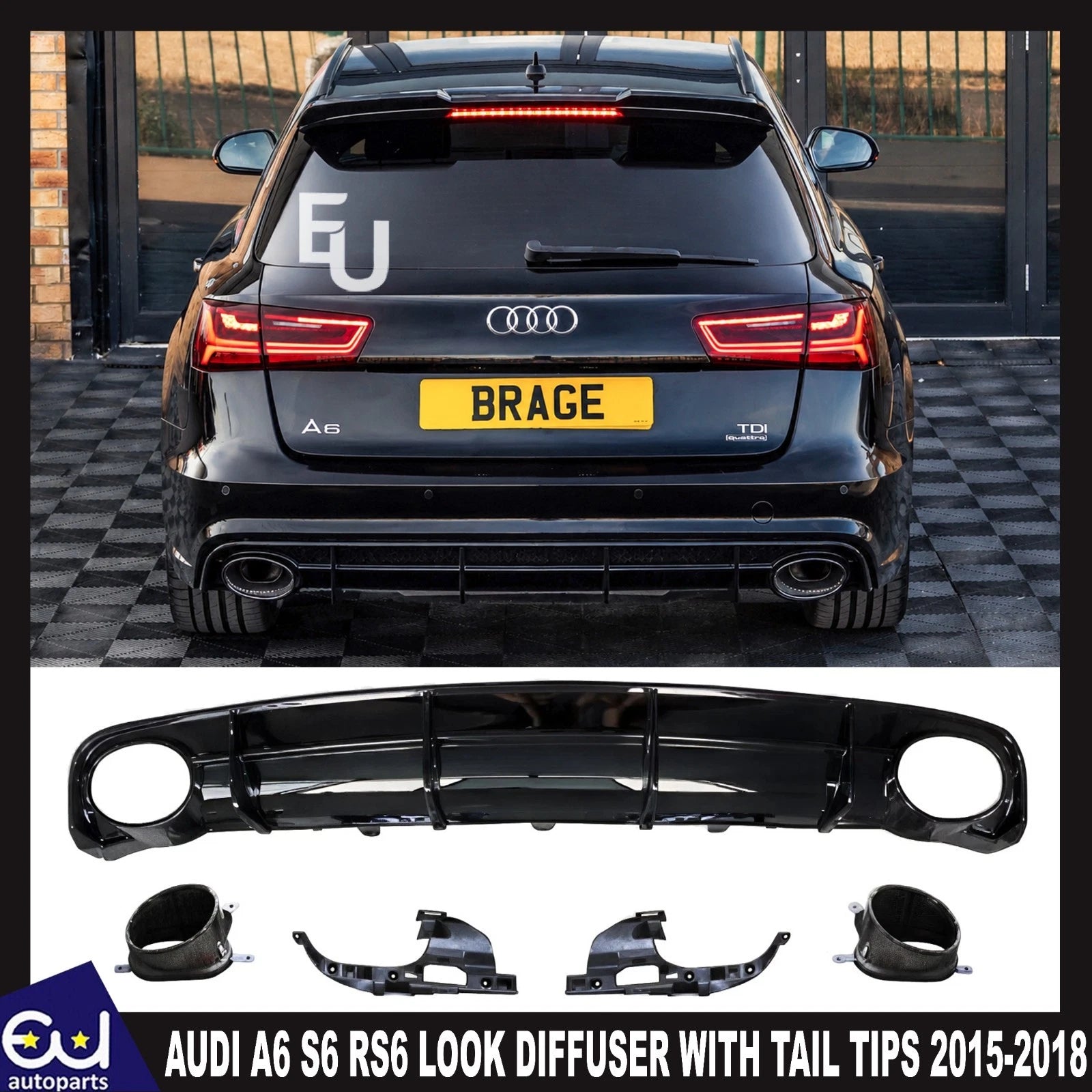 RS6 CONVERSION REAR DIFFUSER WITH BLACK TIPS FOR AUDI A6 C7.5 2015-18 BODYKIT