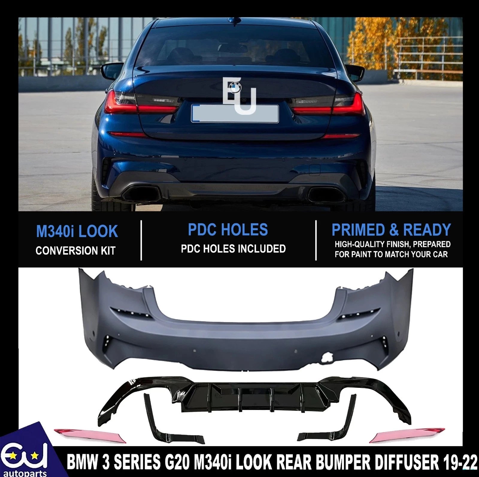 M340i LOOK REAR BUMPER DIFFUSER BODYKIT WITH PDC FOR BMW 3 SERIES G20 2019-2022
