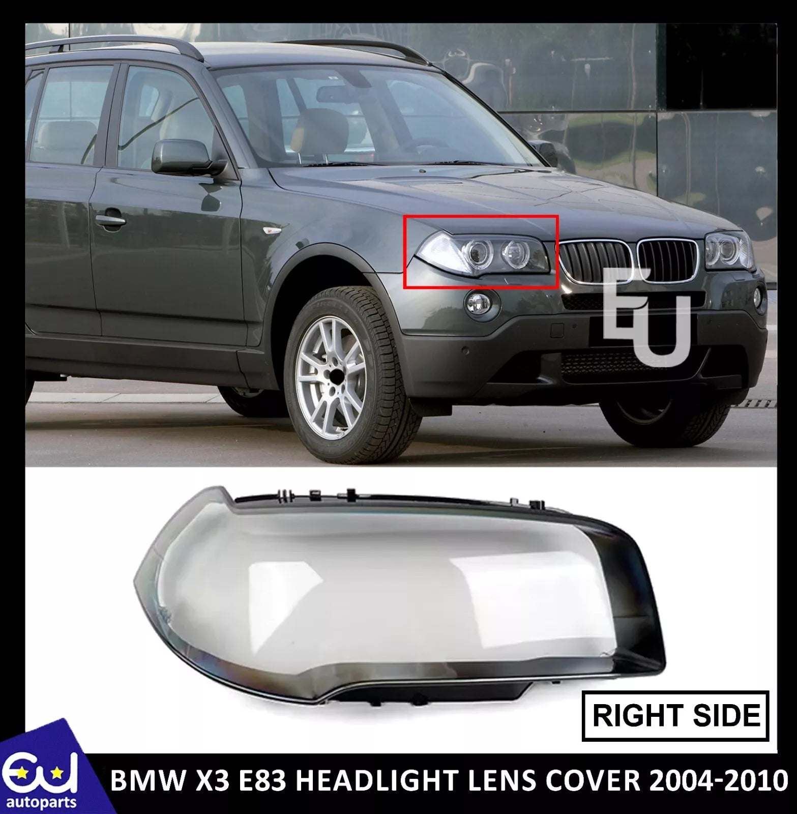 FRONT HEADLIGHT LENS REPLACEMENT COVER RIGHT DRIVER FOR BMW X3 E83 2004-2010