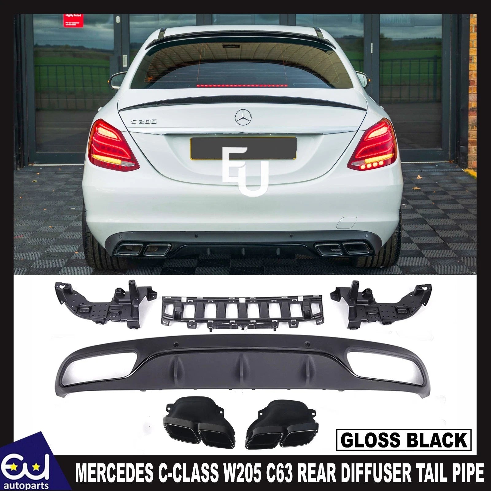 REAR DIFFUSER TAIL PIPE NON AMG FOR MERCEDES C-CLASS W205 C63 LOOK GLOSS BLACK