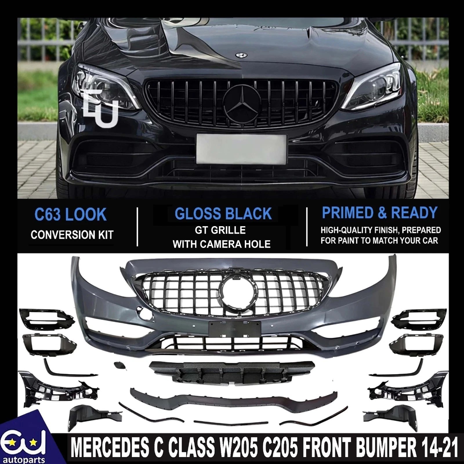 FOR MERCEDES C CLASS W205 C205 2014-21 C63 LCI CONVERSION FRONT BUMPER BODYKIT