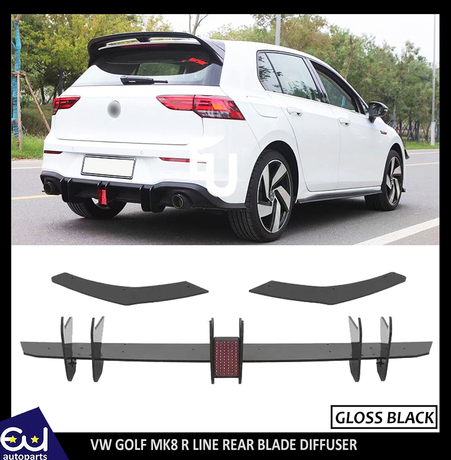FOR VW GOLF MK8 R LINE REAR BLADE DIFFUSER SIDE SPLITTERS WITH LED SPOILER KIT
