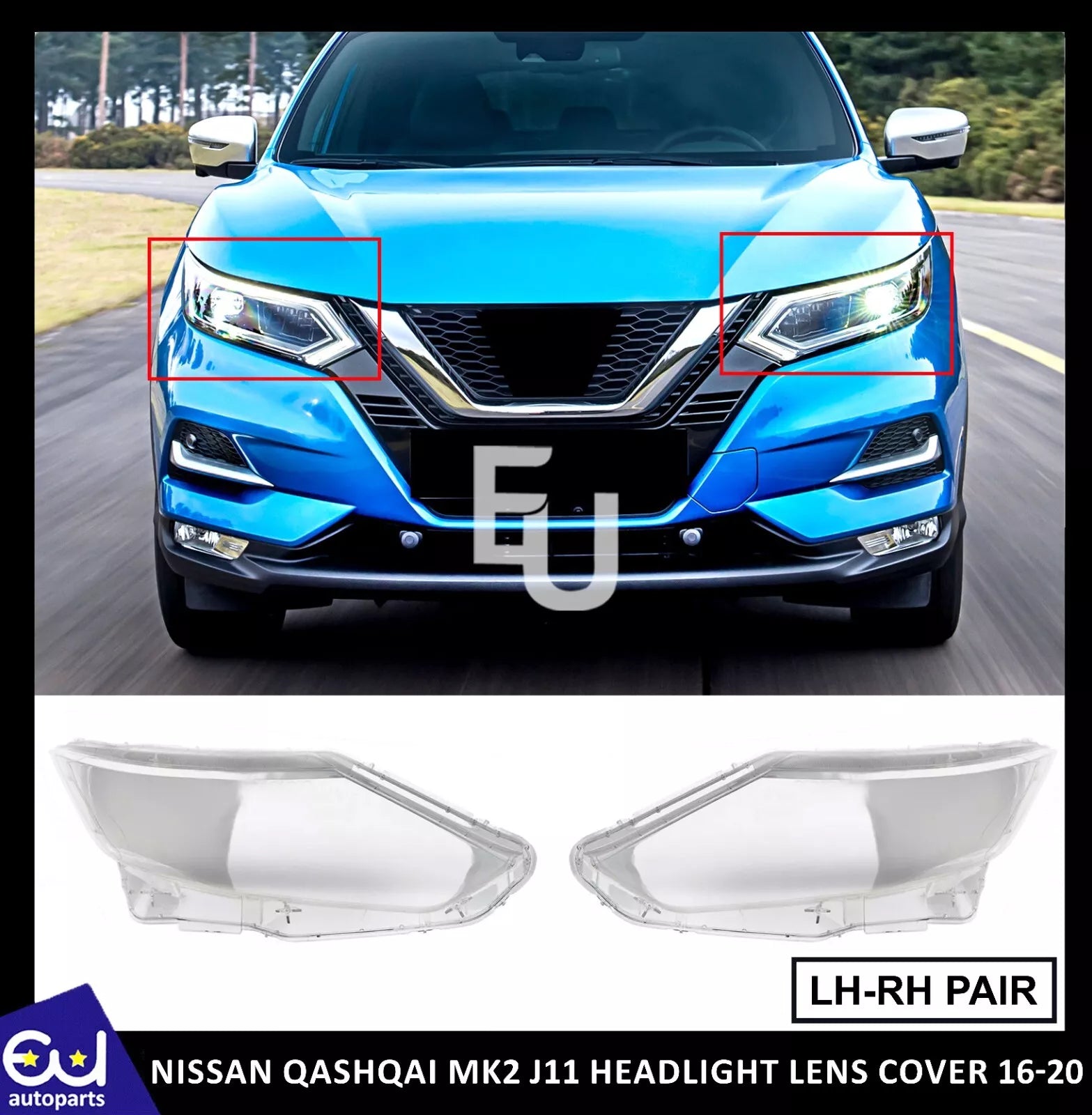 PAIR HEADLIGHT HEADLAMP LENS COVER HOUSING FOR NISSAN QASHQAI MK2 J11 2016-2020