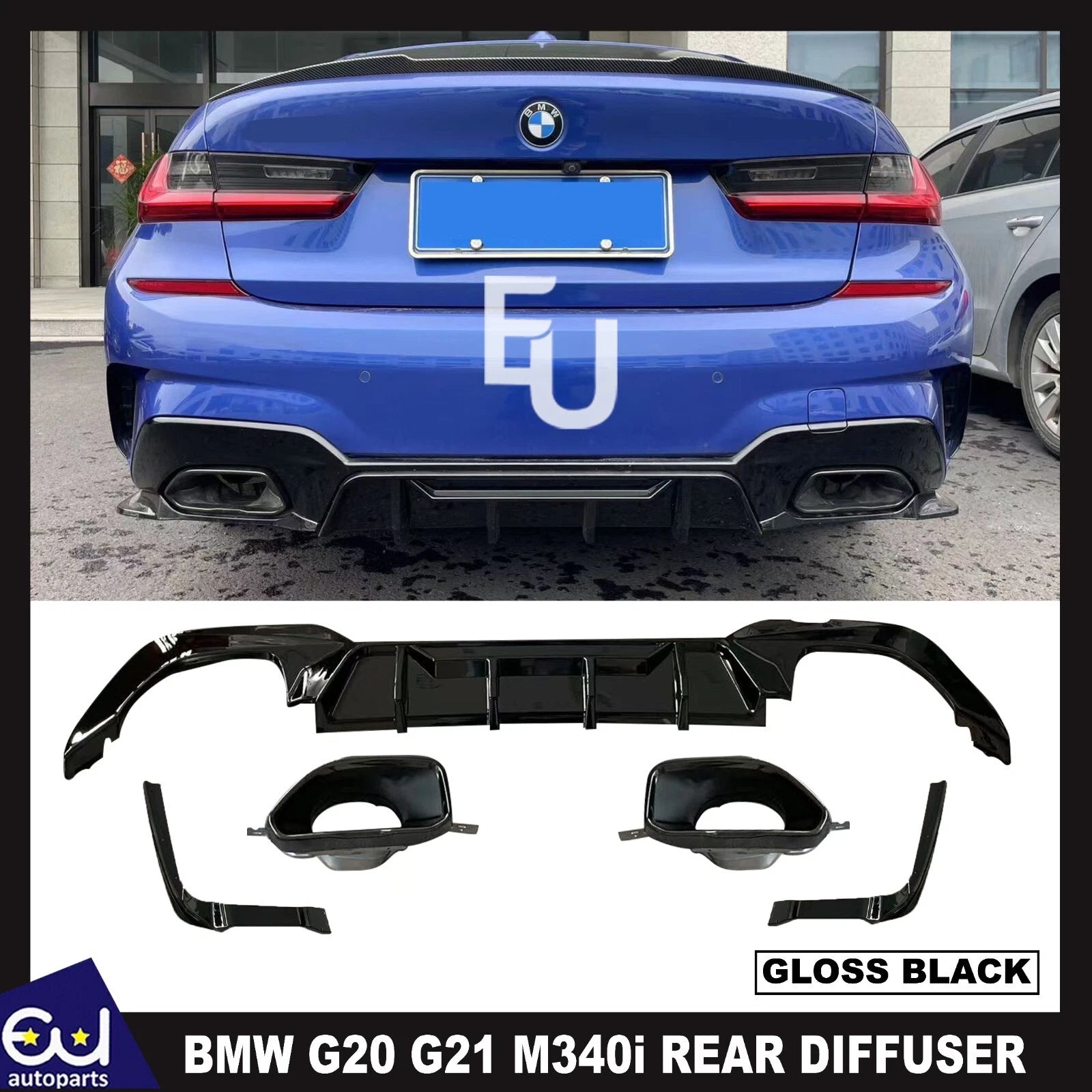 FOR BMW G20 G21 M M340i REAR BUMPER DIFFUSER WITH BLACK TAIL PIPE GLOSS 18-22