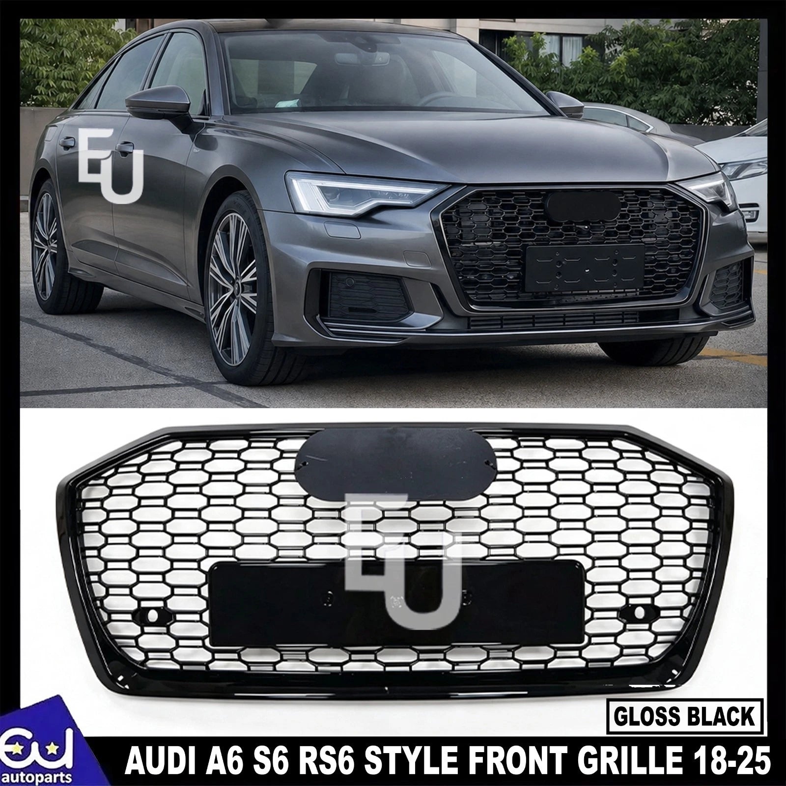 RS6 LOOK FRONT HONEYCOMB GRILLE GRILL FOR AUDI A6 AVANT S6 C8 GLOSS BLACK 18-25