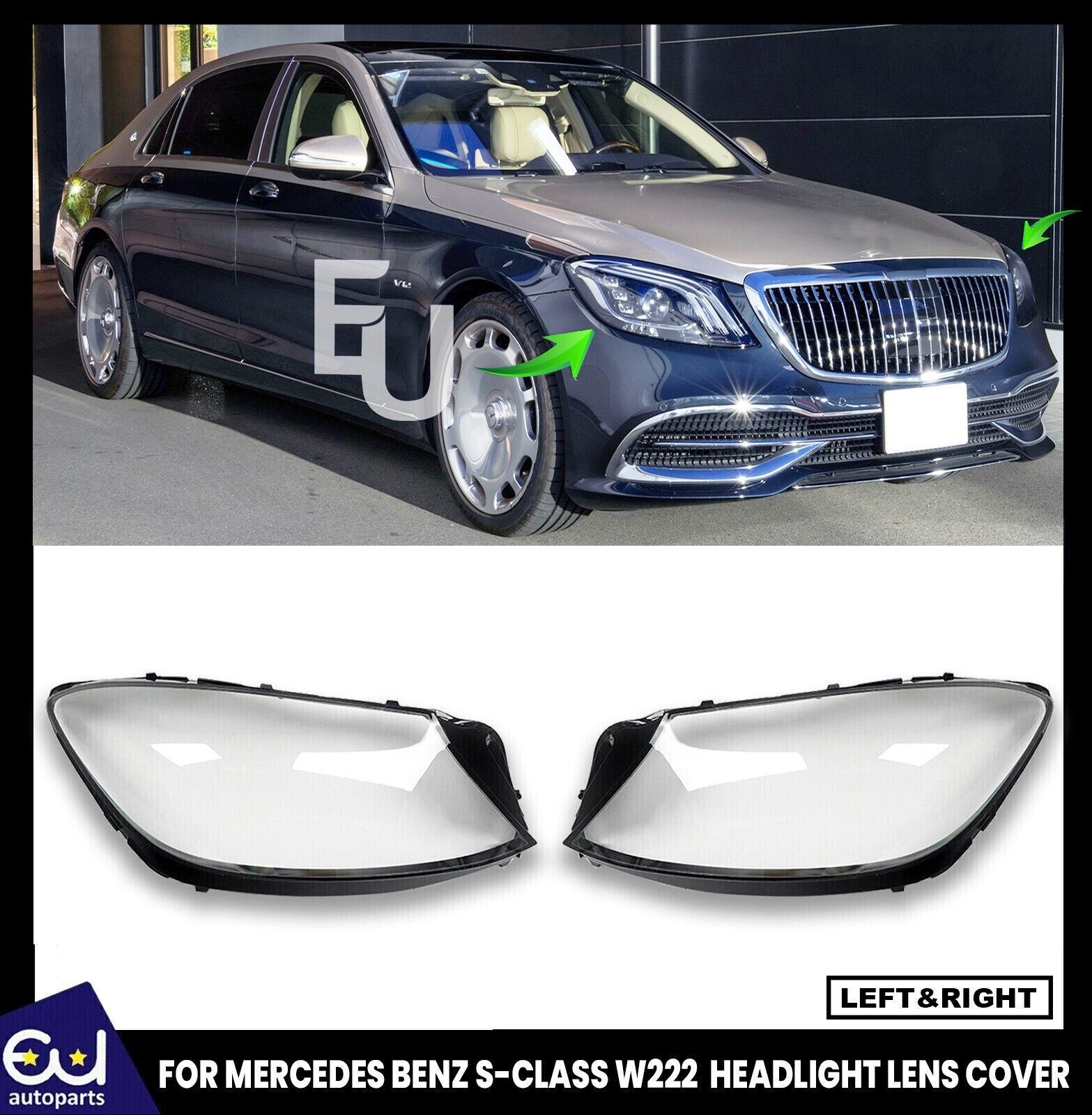 PAIR FOR MERCEDES-BENZ S CLASS W222 LCI HEADLAMP HEADLIGHT LENS COVER 2018-2020