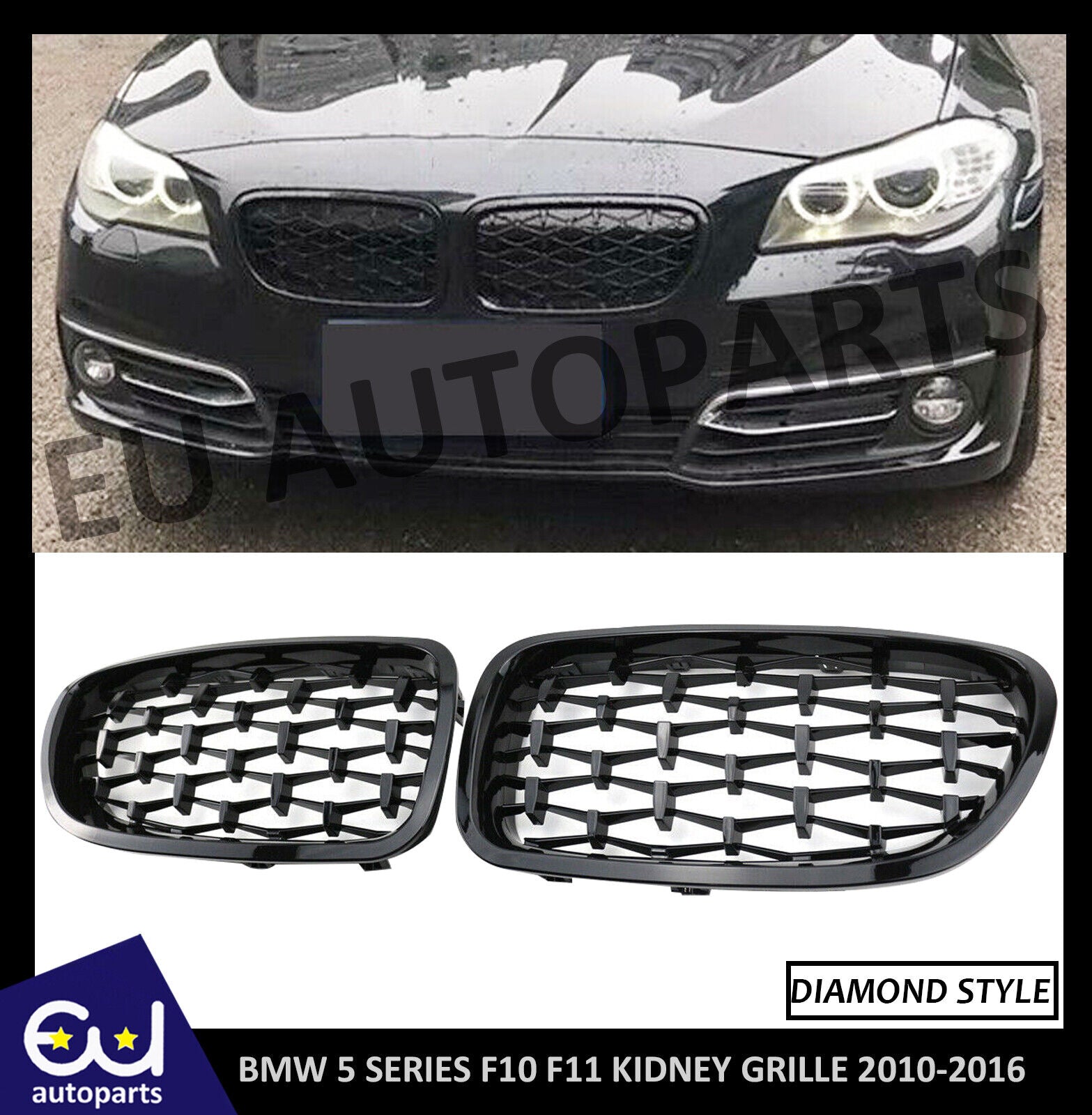 FOR BMW 5 SERIES F10 F11 FRONT BUMPER KIDNEY GRILLE GRILL GLOSS BLACK DIAMOND
