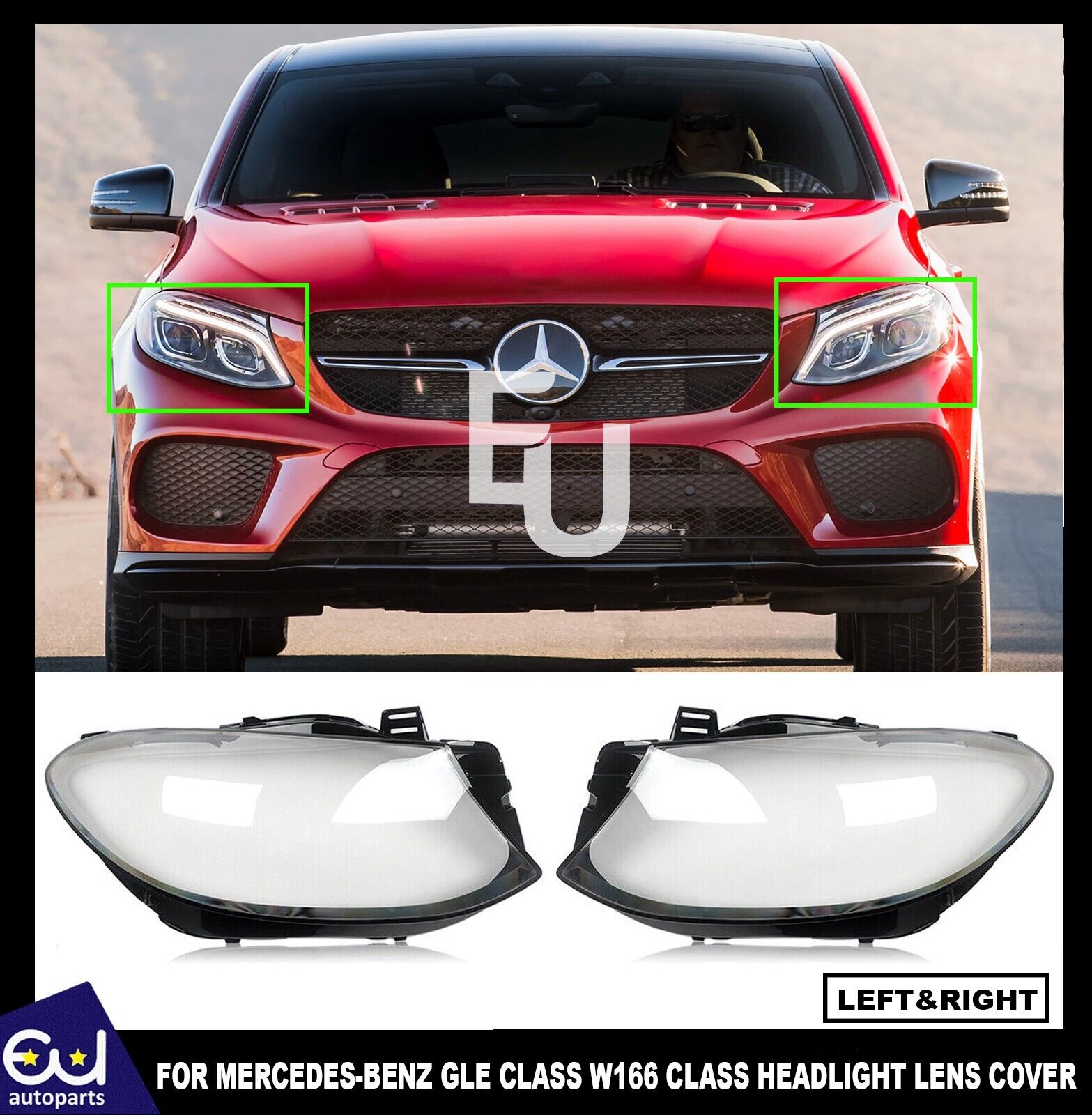 PAIR HEADLIGHT LENS HEADLAMP COVER FOR MERCEDES-BENZ GLE CLASS W166 2015-2019