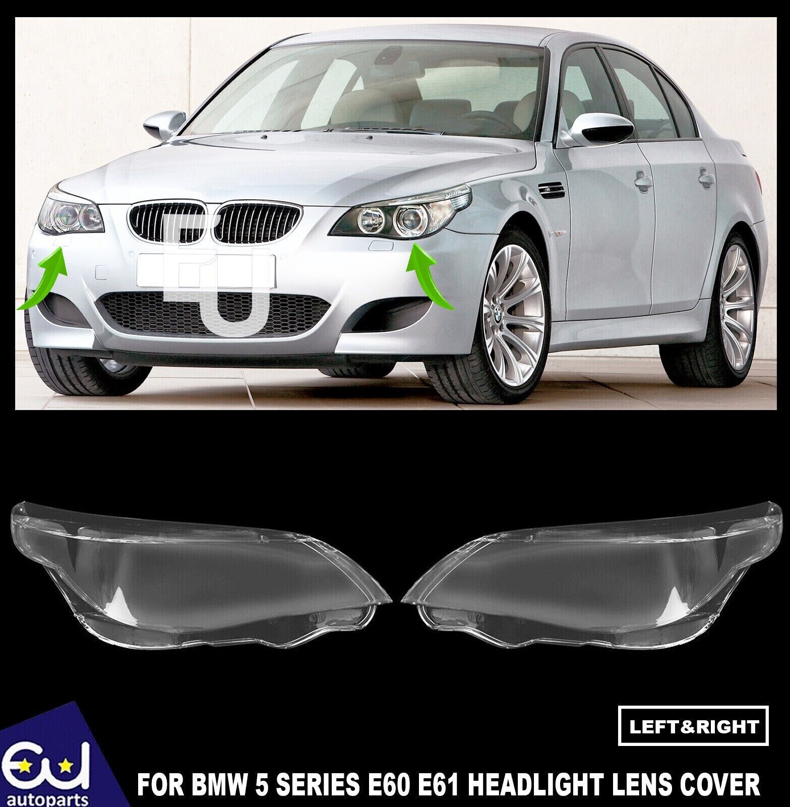 PAIR LEFT & RIGHT HEADLIGHT LENS COVER HEADLAMP SHELL FOR BMW 5 SERIES E60 E61