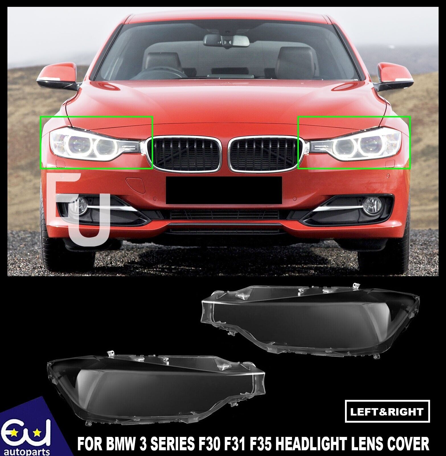 L+R SIDE HEADLIGHT LENS COVER REPLACEMENT FOR BMW F30 F31 F35 3 SERIES 2011-2015