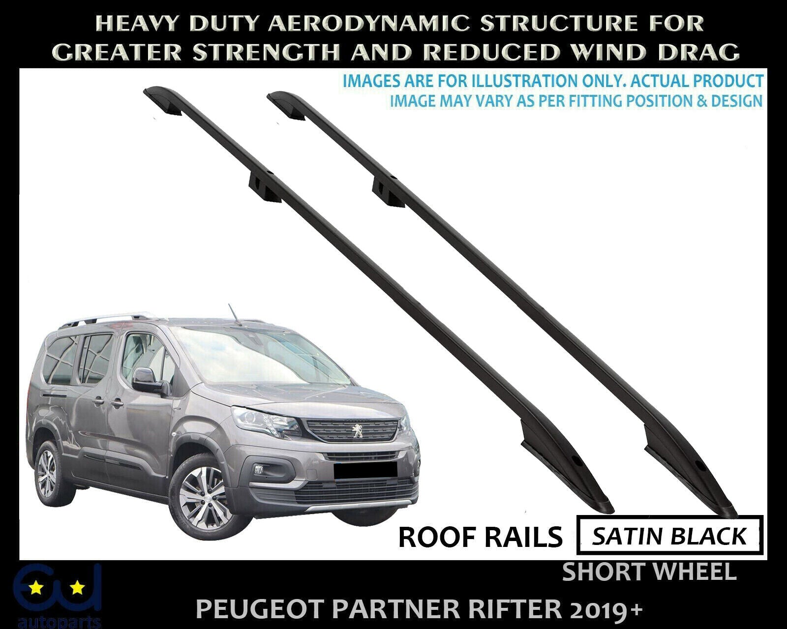 FOR PEUGEOT RIFTER SWB ROOF RACK RAILS ANODISED BLACK 2019-ON OEM QUALITY