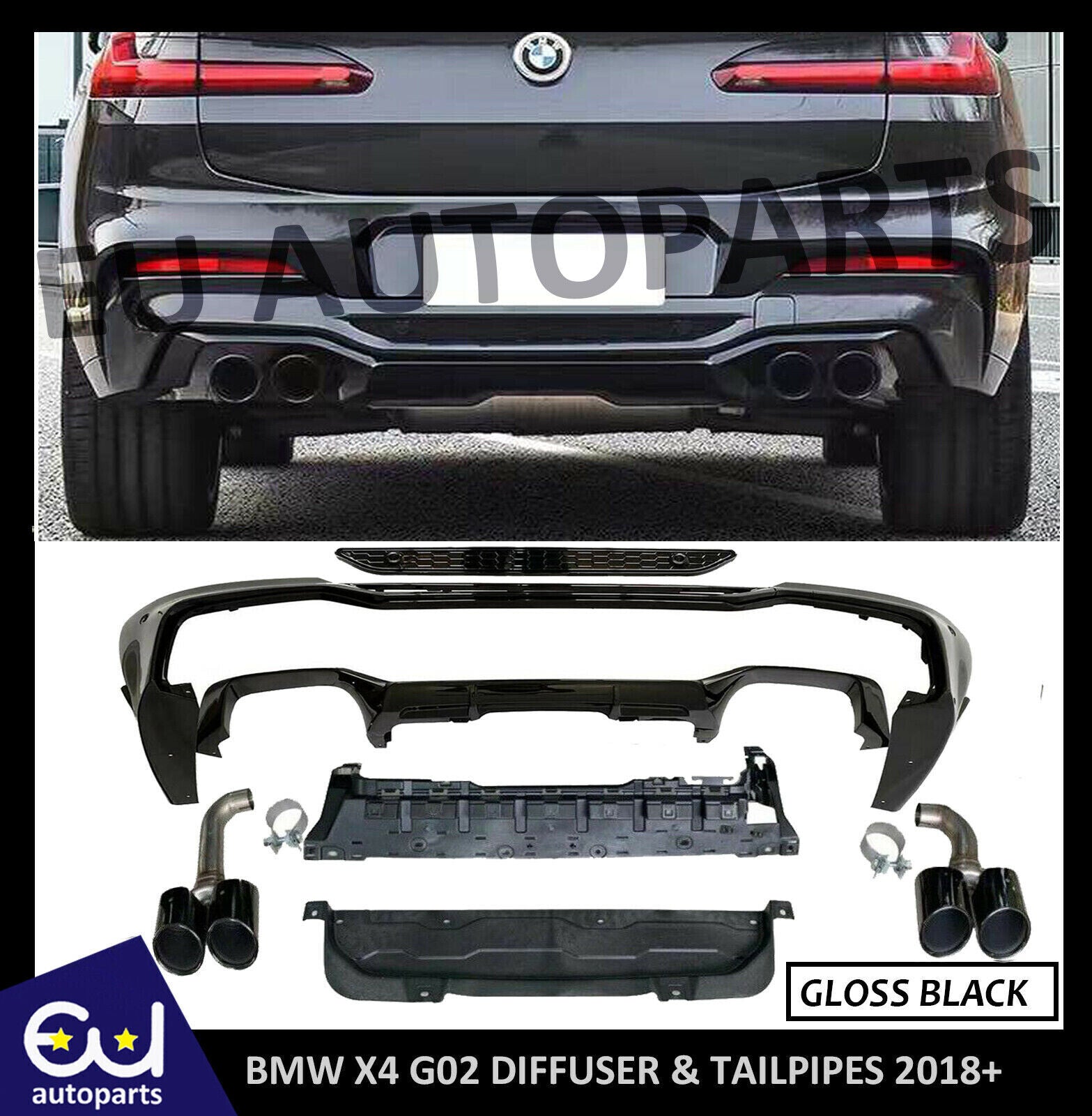 FOR BMW X4 G02 2018+ DIFFUSER INCLUDING EXHAUST PANEL & TAIL PIPES BLACK