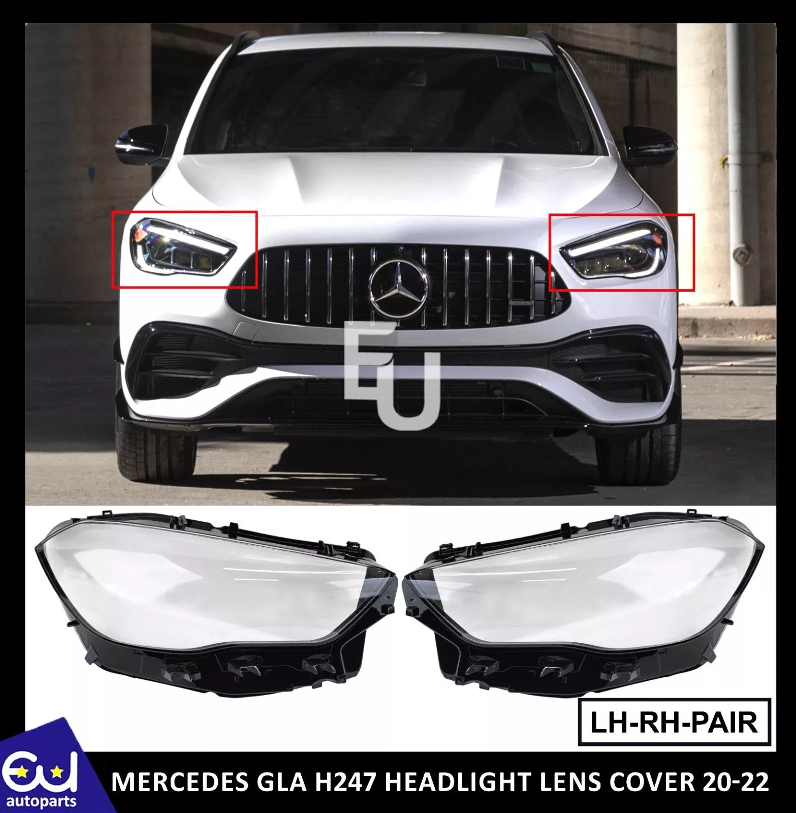 FOR MERCEDES GLA H247 PAIR LEFT RIGHT SIDE HEADLIGHT LENS COVER HEADLAMP 20-22