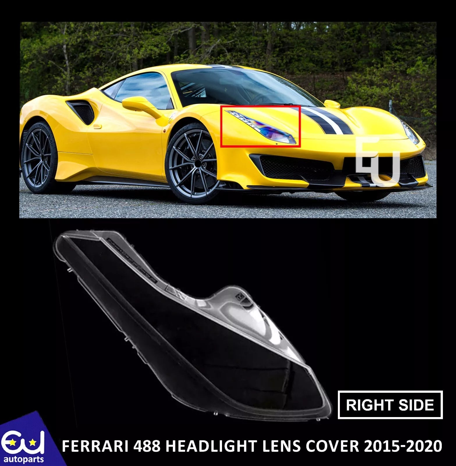 FIT FOR FERRARI 488 HEADLIGHT HEADLAMP LENS COVER RIGHT DRIVER SIDE 2015-2020