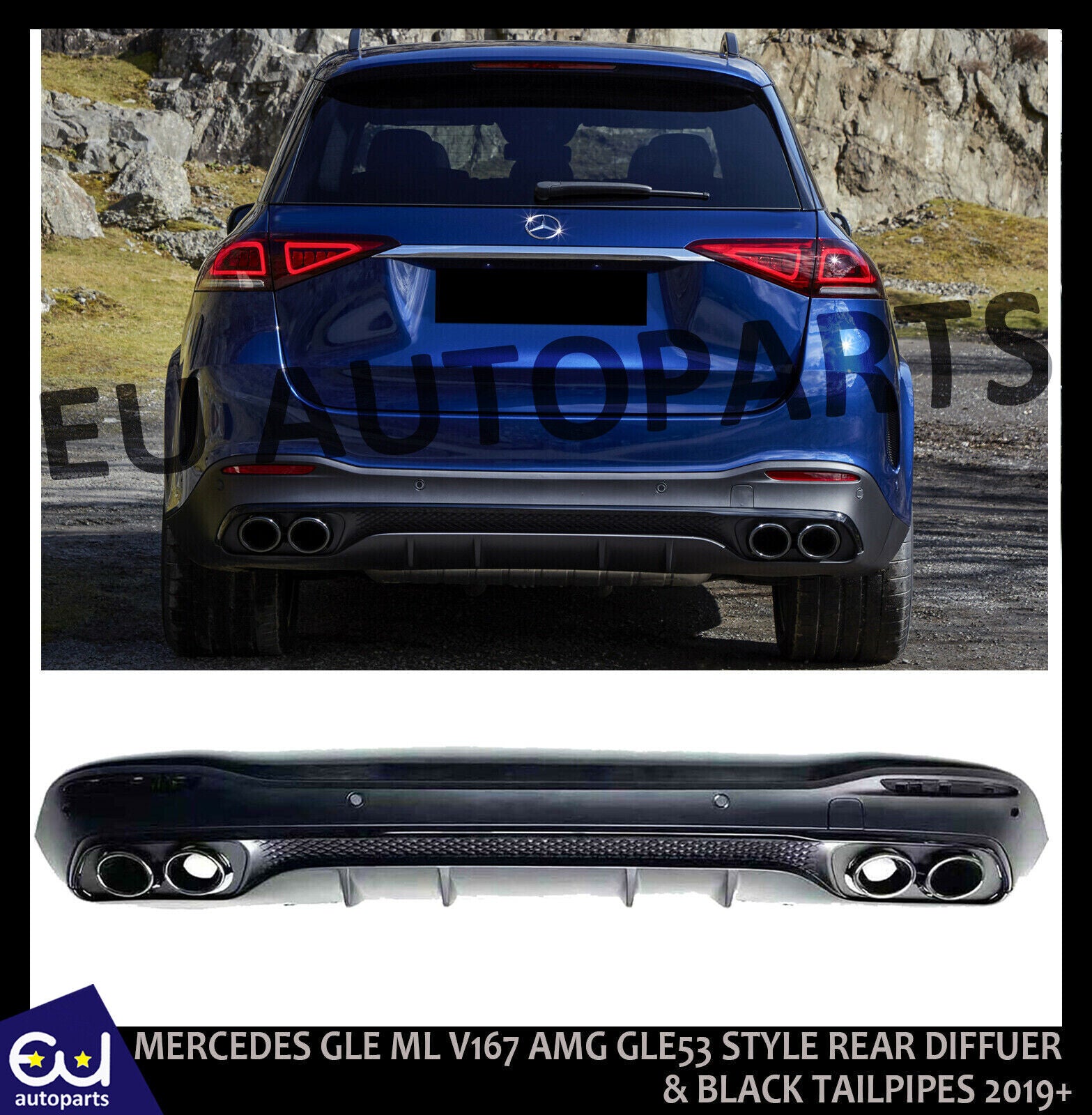 FOR MERCEDES GLE ML V167 AMG GLE53 STYLE REAR DIFFUSER & BLACK TAILPIPES 2019+