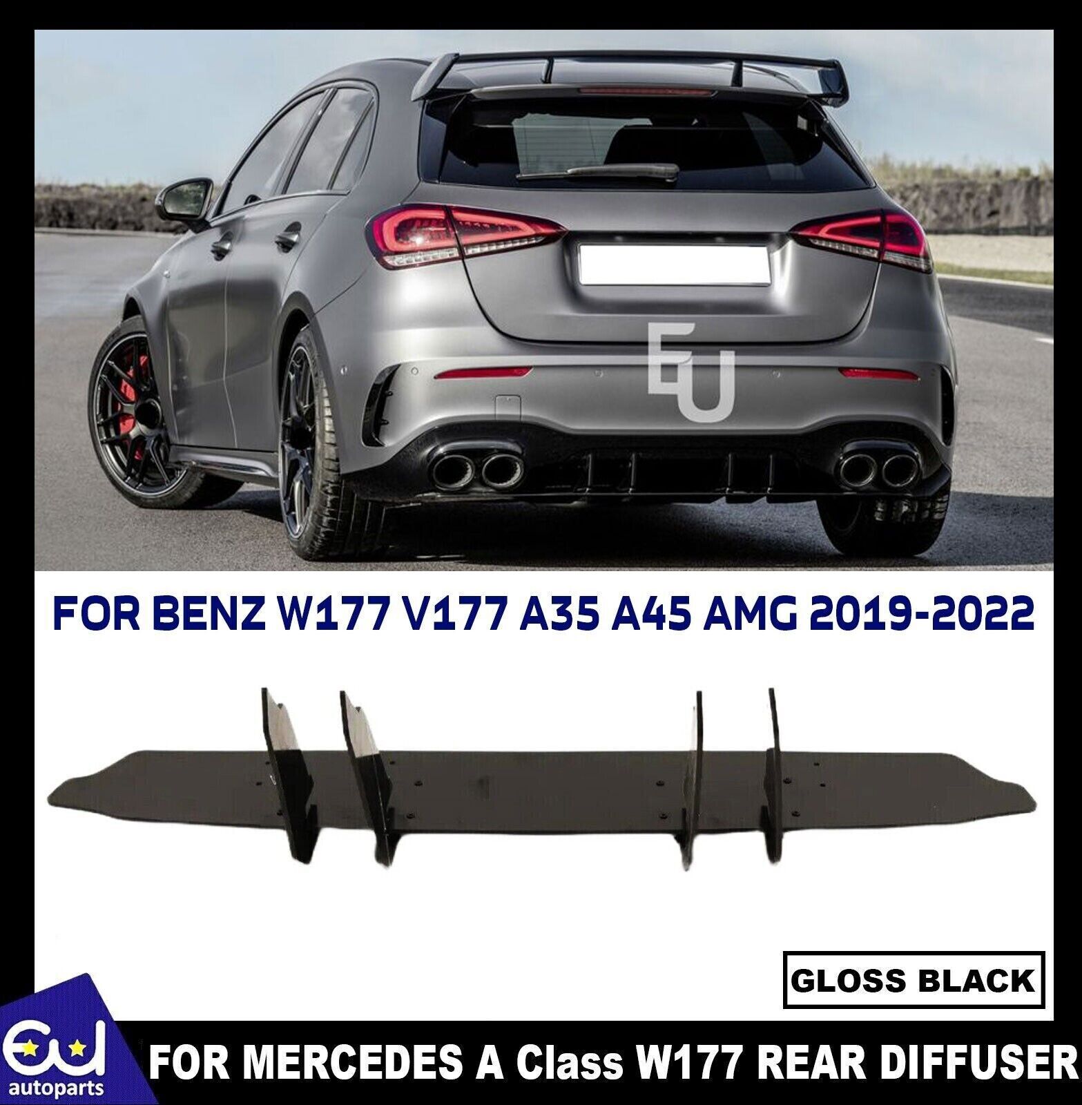 FOR MERCEDES A CLASS A35 A45 AMG W177 REAR BLADE STYLE DIFFUSER GLOSS BLACK 19+