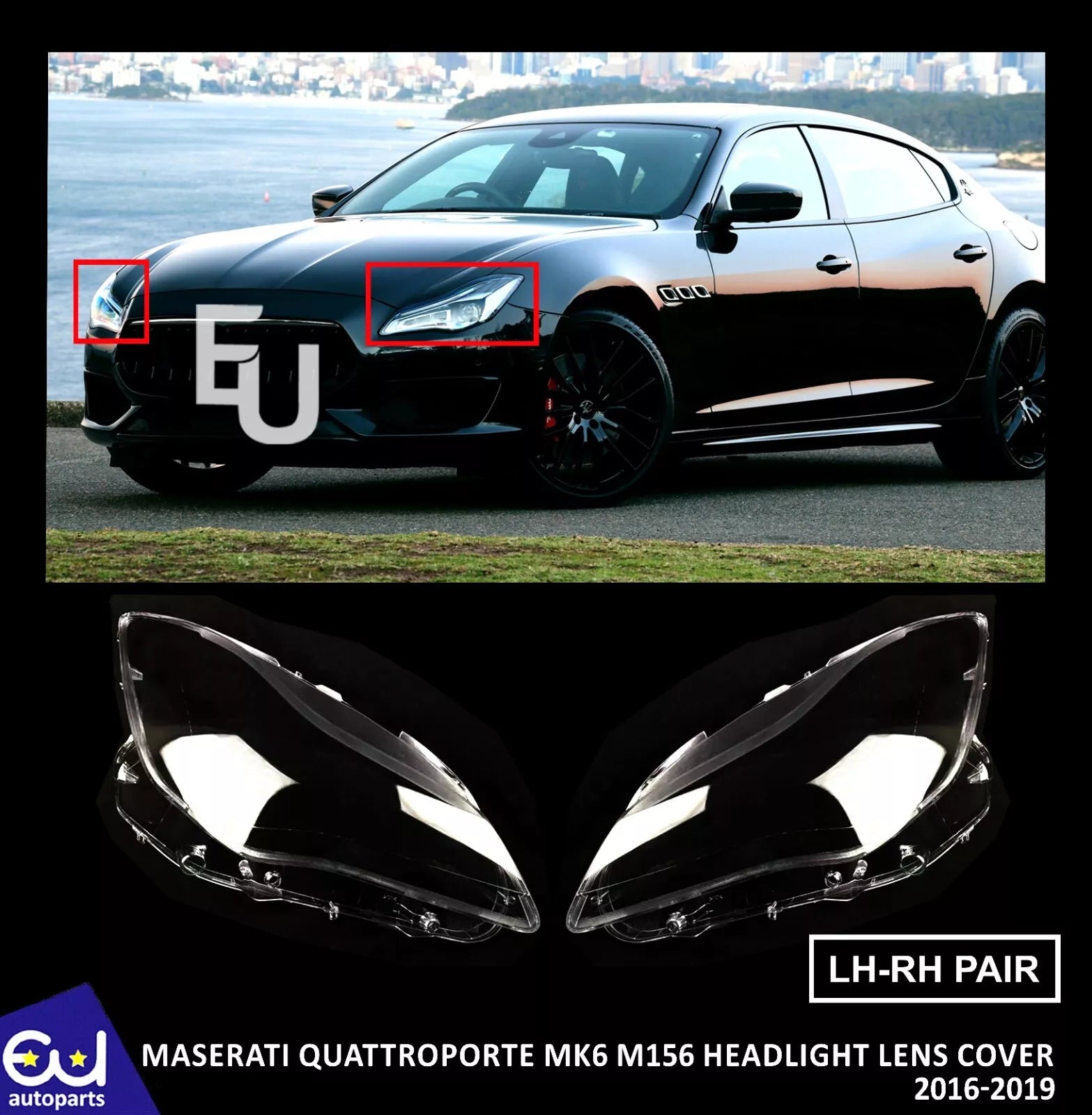 PAIR FOR MASERATI QUATTROPORTE MK6 M156 HEADLAMP HEADLIGHT LENS COVER 2016-2019