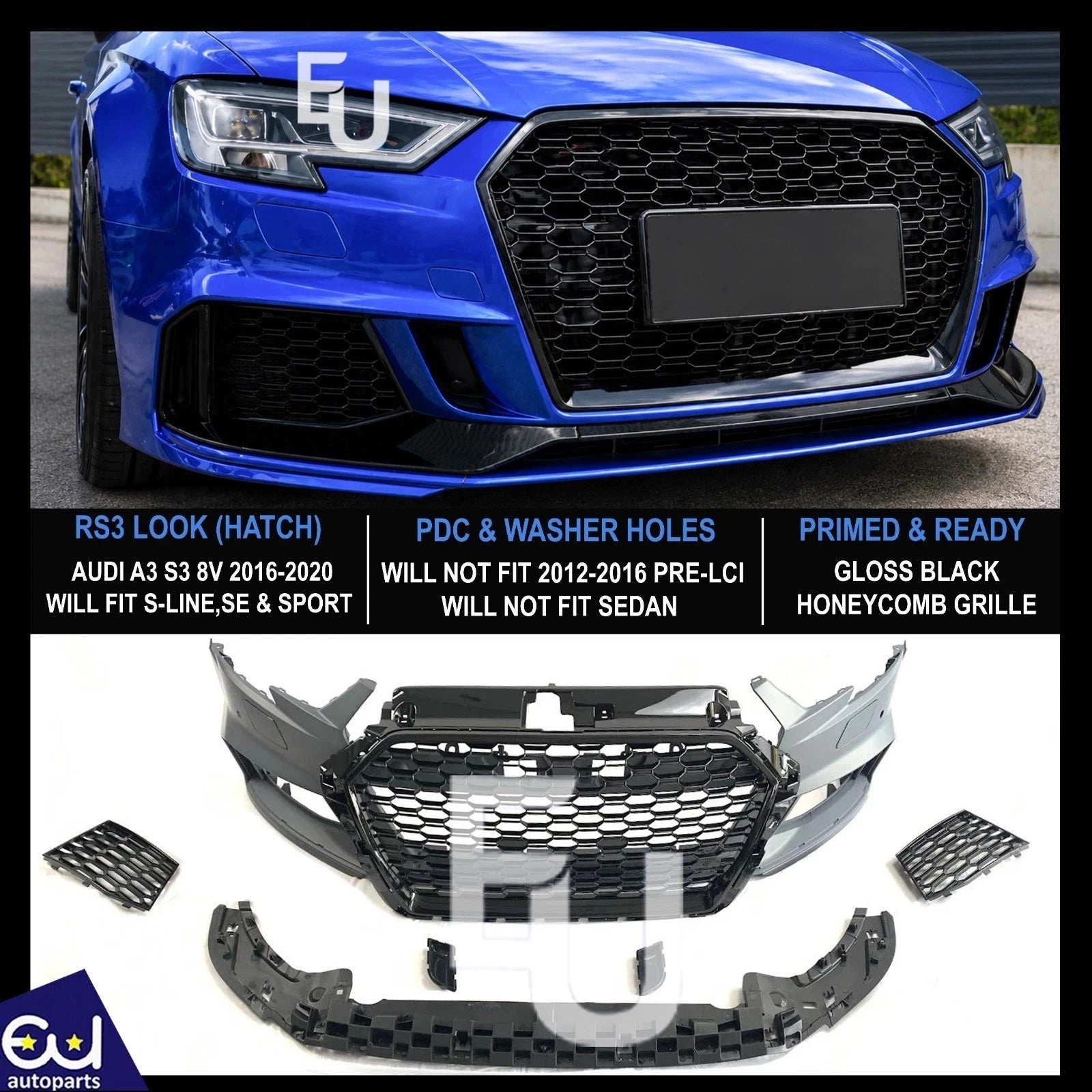 FRONT BUMPER RS3 STYLE CONVERSION FOR AUDI A3 HATCHBACK SPORTSBACK 8V 2016-2020