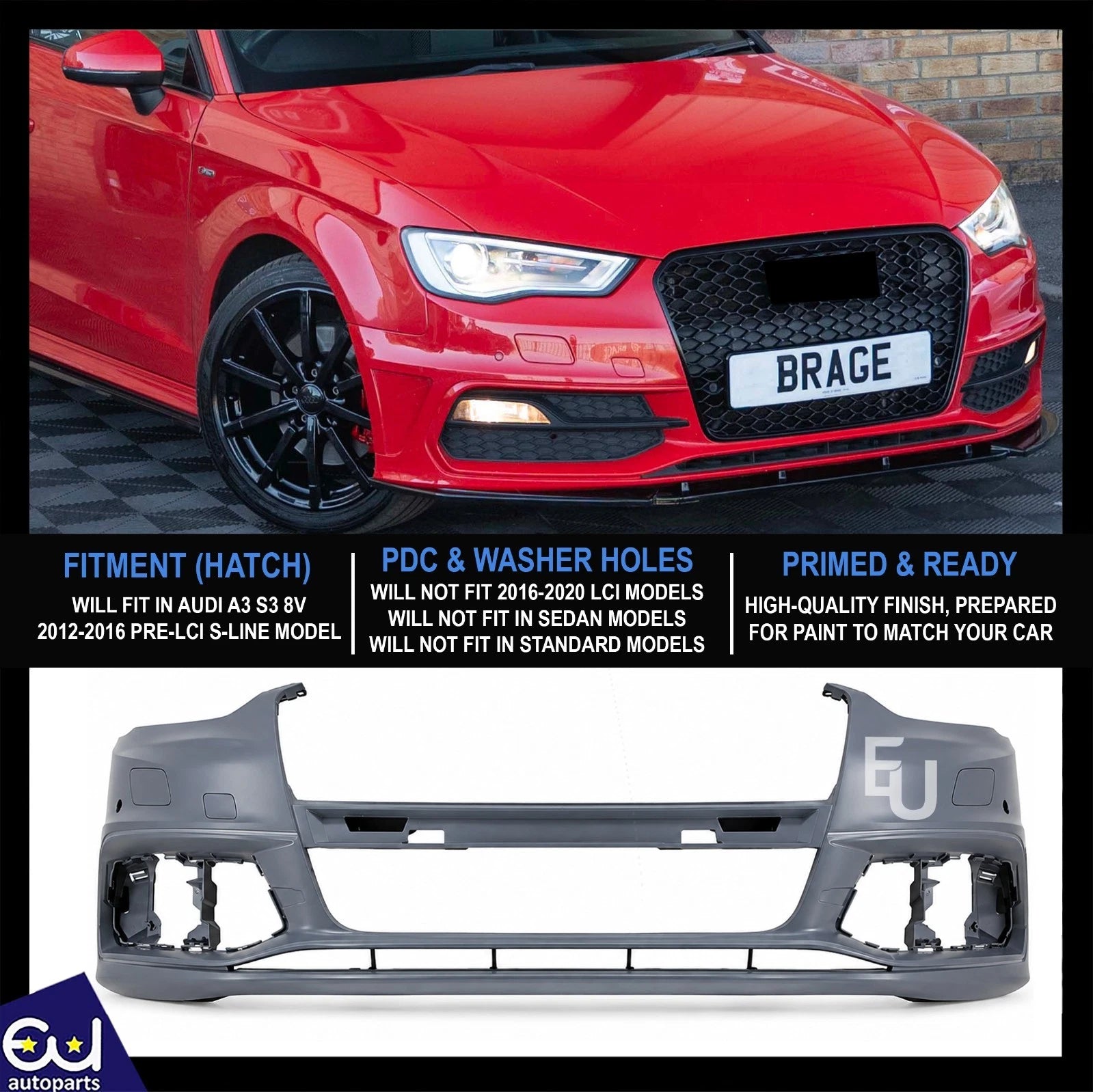 FOR AUDI A3 S3 8V 2012-2016 S-LINE HATCH FRONT BUMPER WITH WASHER & PDC HOLES