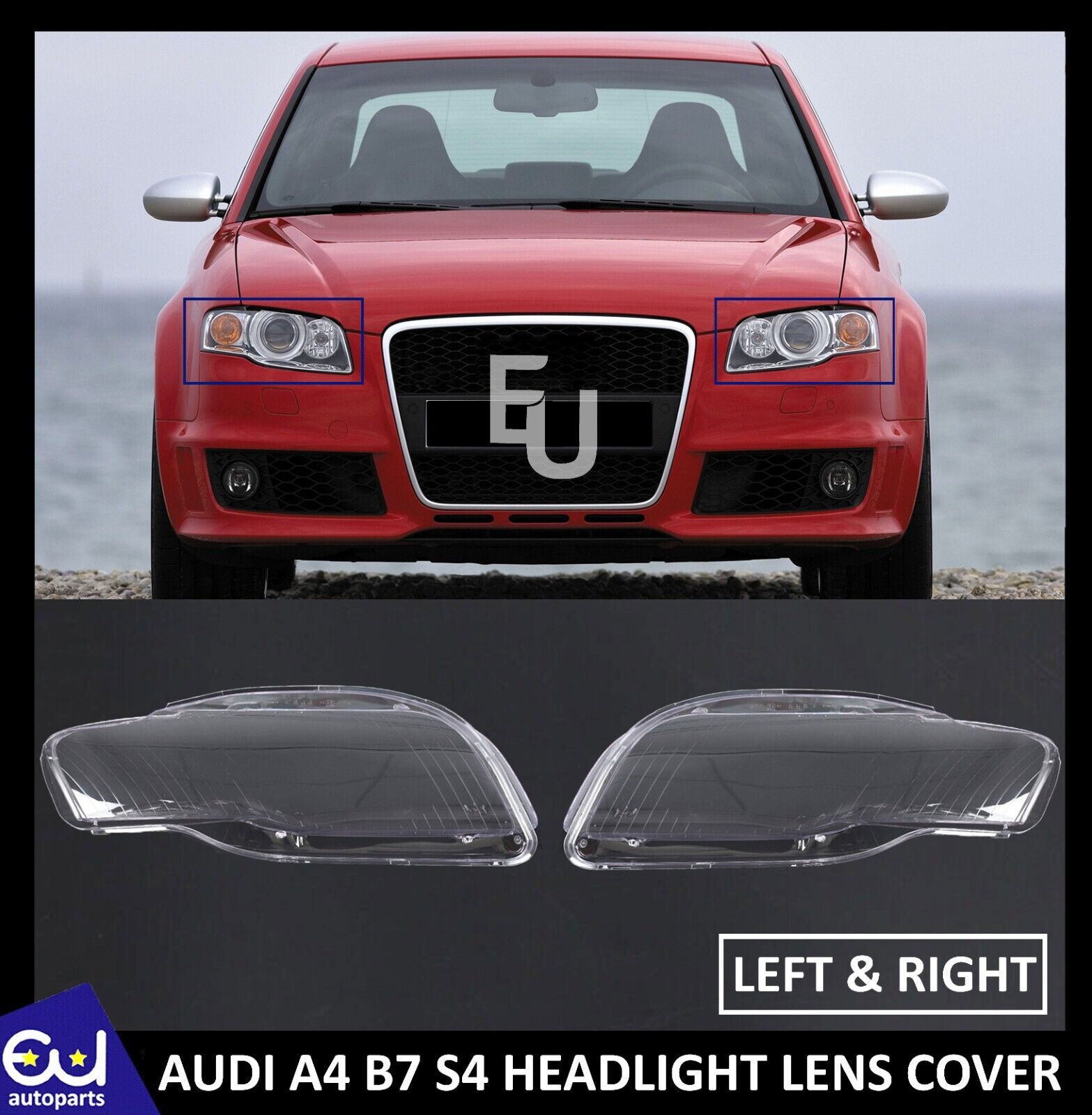 L+R HEADLIGHT LENS COVER HEADLAMP SHELL LAMP SHADE FOR AUDI A4 B7 S4 2005-2008