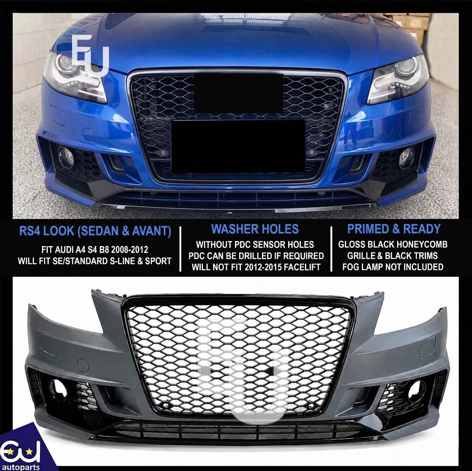 RS4 STYLE FRONT BUMPER CONVERSION KIT FOR AUDI A4 S4 B8 2008-2012 PRE FACELIFT